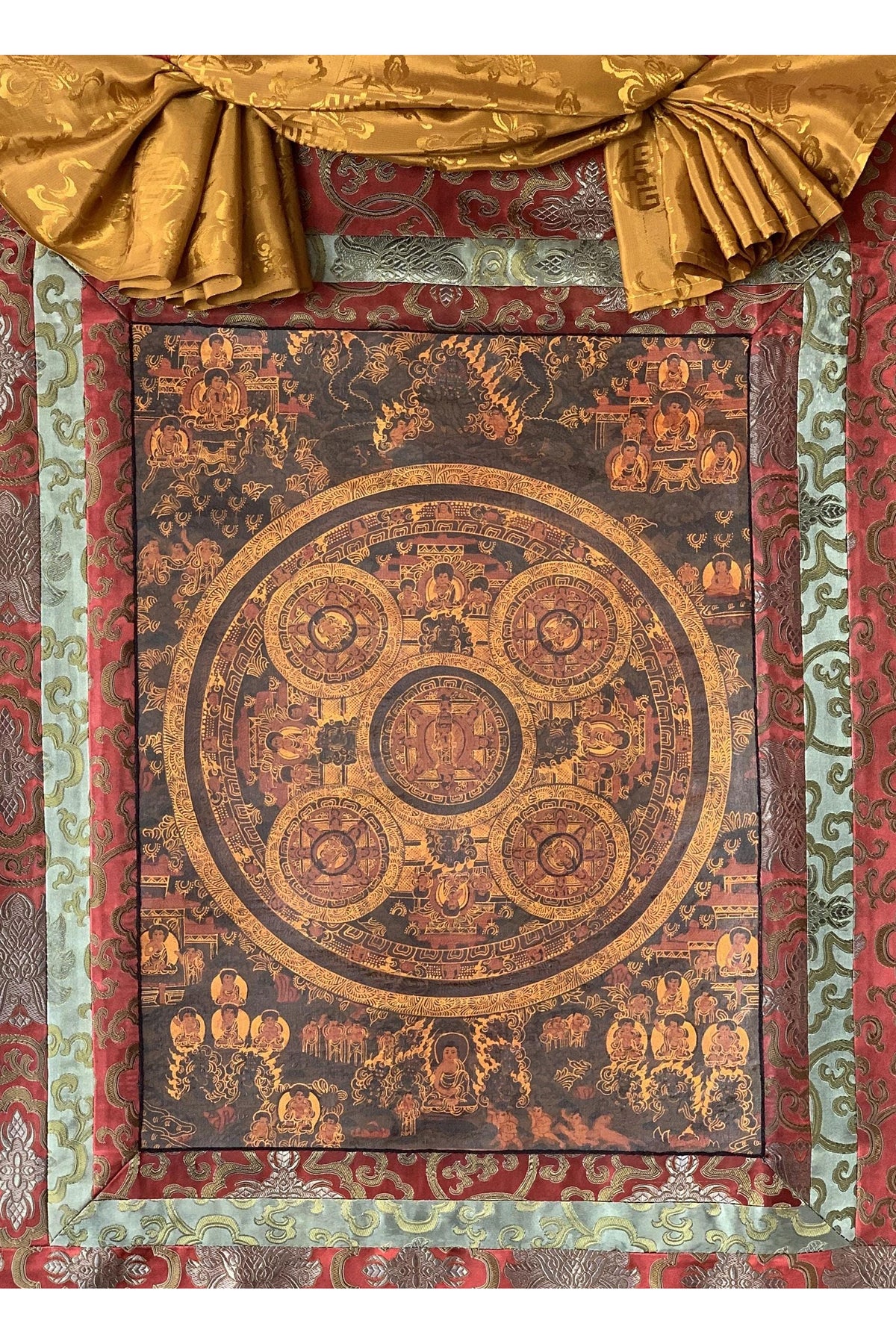 Hand-Painted Five Buddha Mandala Oil Varnished Thangka with Silk Brocade