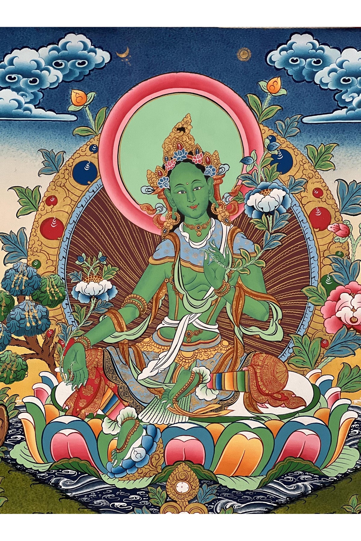 Green Tara Thanka Painting, Original Tibetan Silk Brocade Art