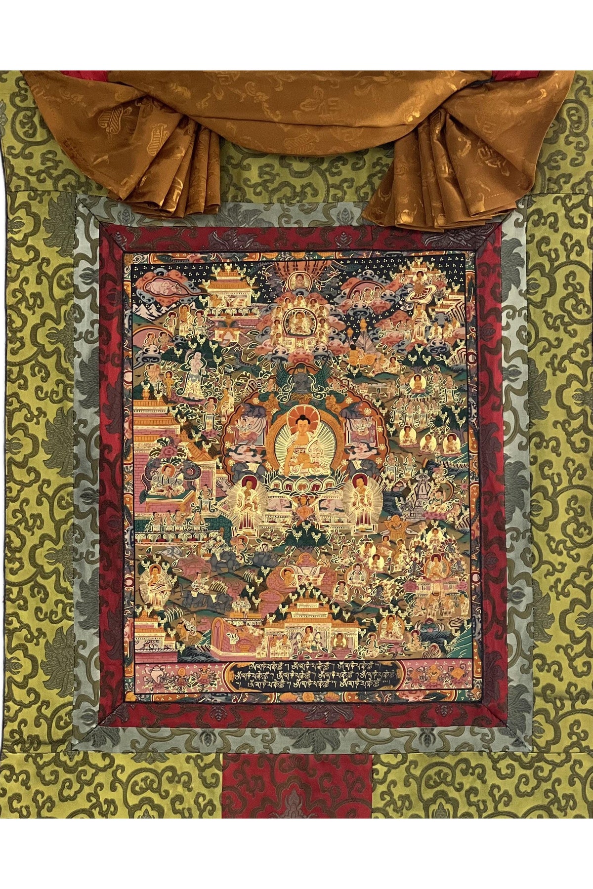 Hand-Painted Buddha Life Mandala Tibetan Thangka with Silk Brocade