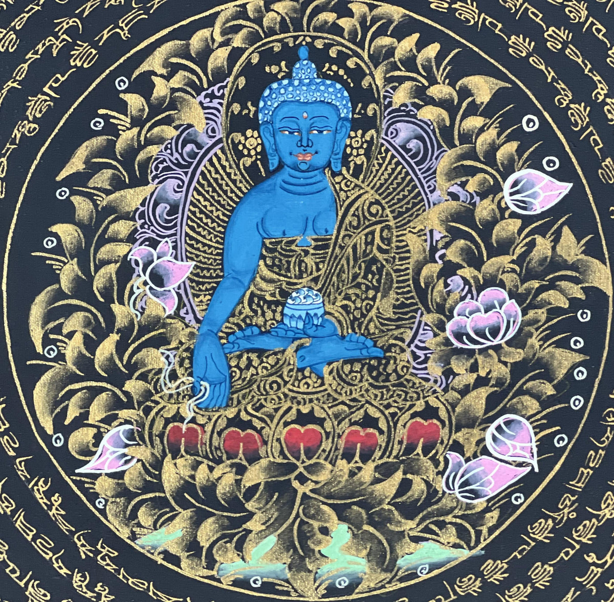 Medicine Buddha Mandala Thangka Painting: Om Mani Padme Hum, Home Decor