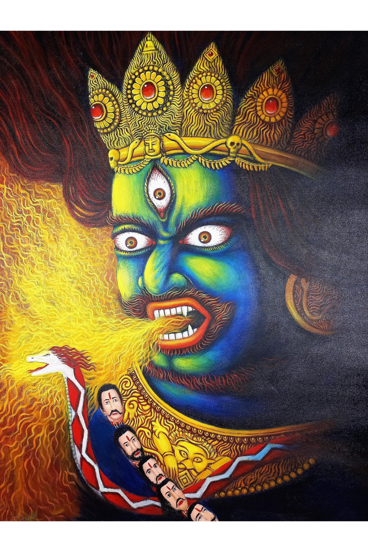 Hand-Painted Bhairava Face Acrylic Painting, Hindu Art (25x30 Inches)