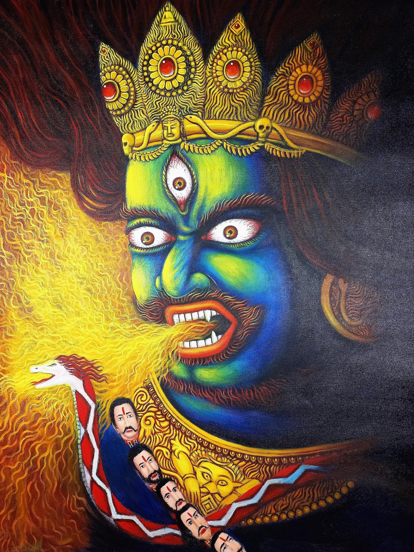 Hand-Painted Bhairava Face Acrylic Painting, Hindu Art (25x30 Inches)