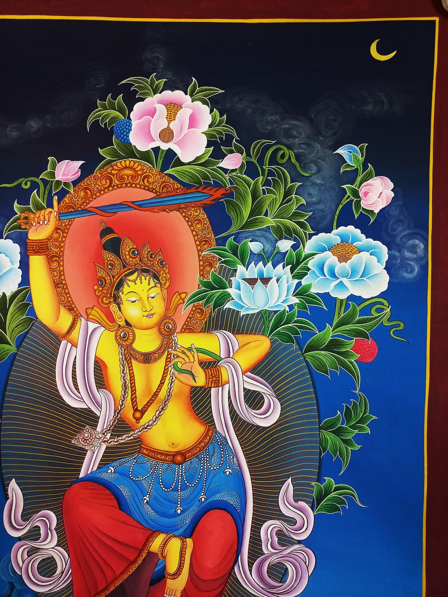 Hand-Painted Manjushree Thangka Painting, Tibetan God of Wisdom