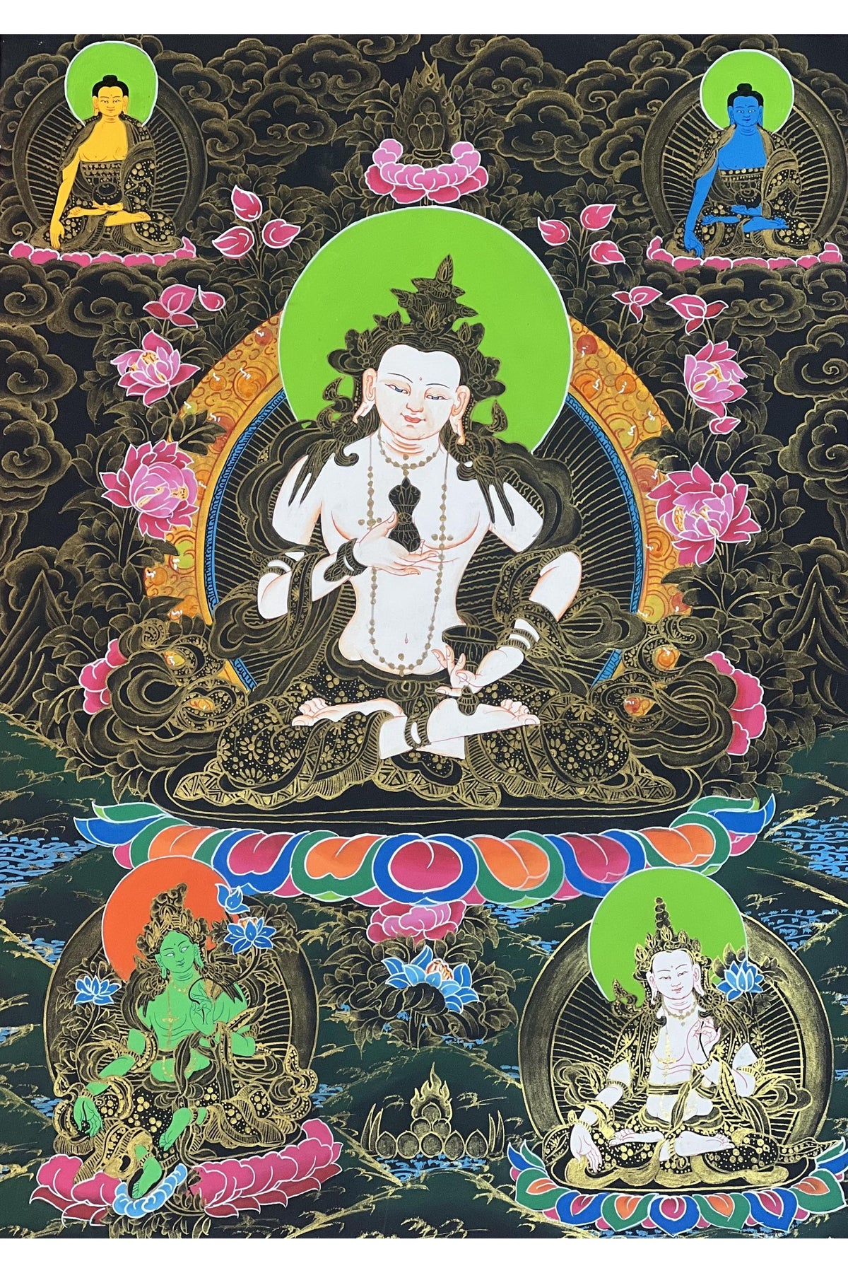 Hand-Painted White Manjushri Thangka with Silk Brocade