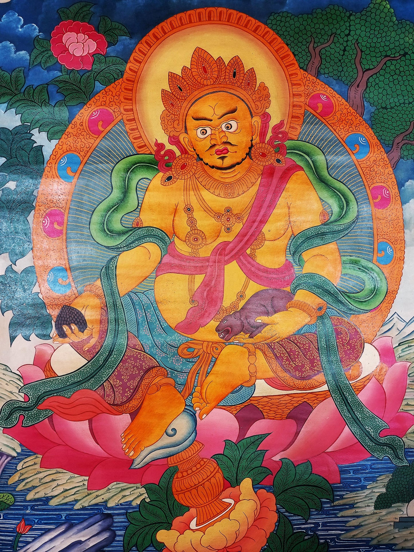 Hand-Painted Kubera Jambhala Thangka, Newari Style Wealth God Art (18x24 inch)