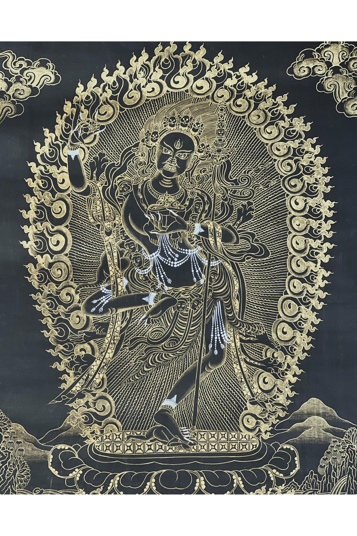 Hand Painted Vajravarahi Thangka: Black and Gold Tibetan Buddhist Art with Silk