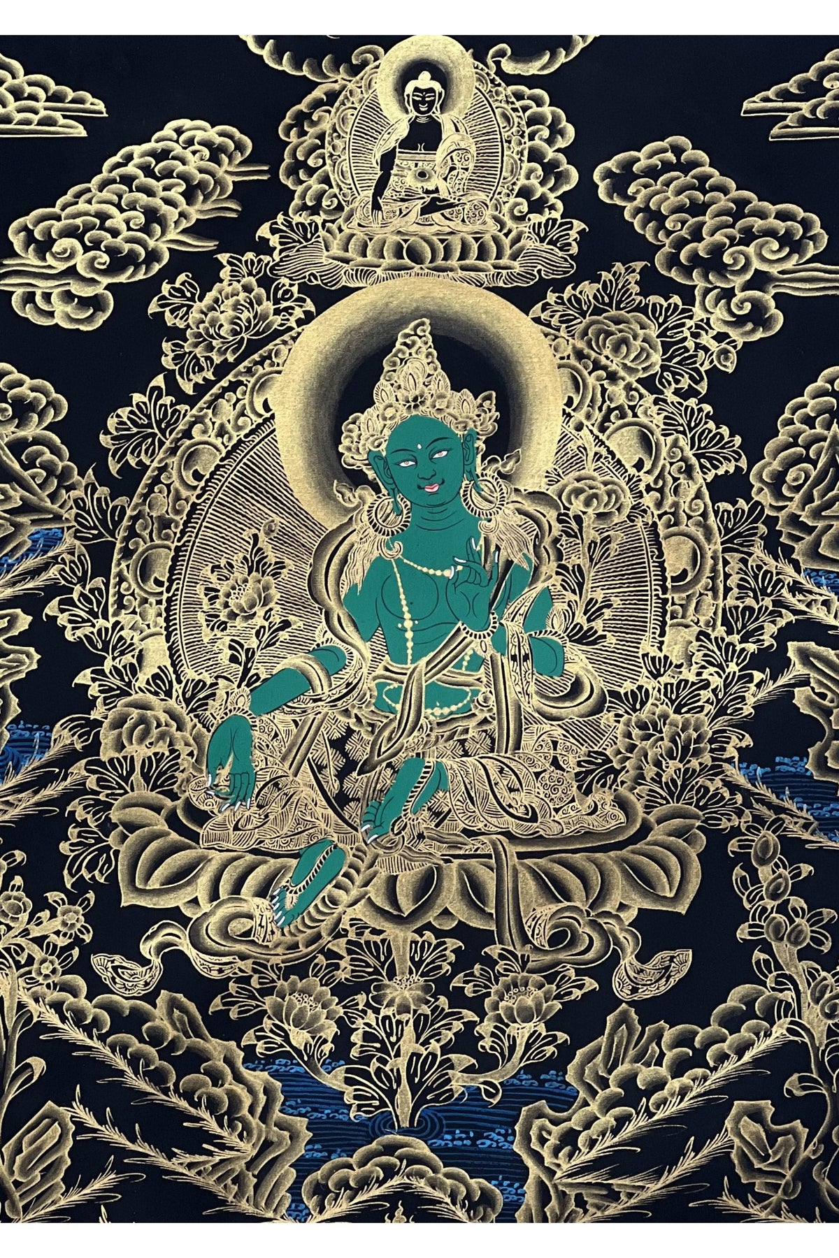 Hand-Painted Green Tara Thangka with Silk Brocade - Tibetan Buddhist Art
