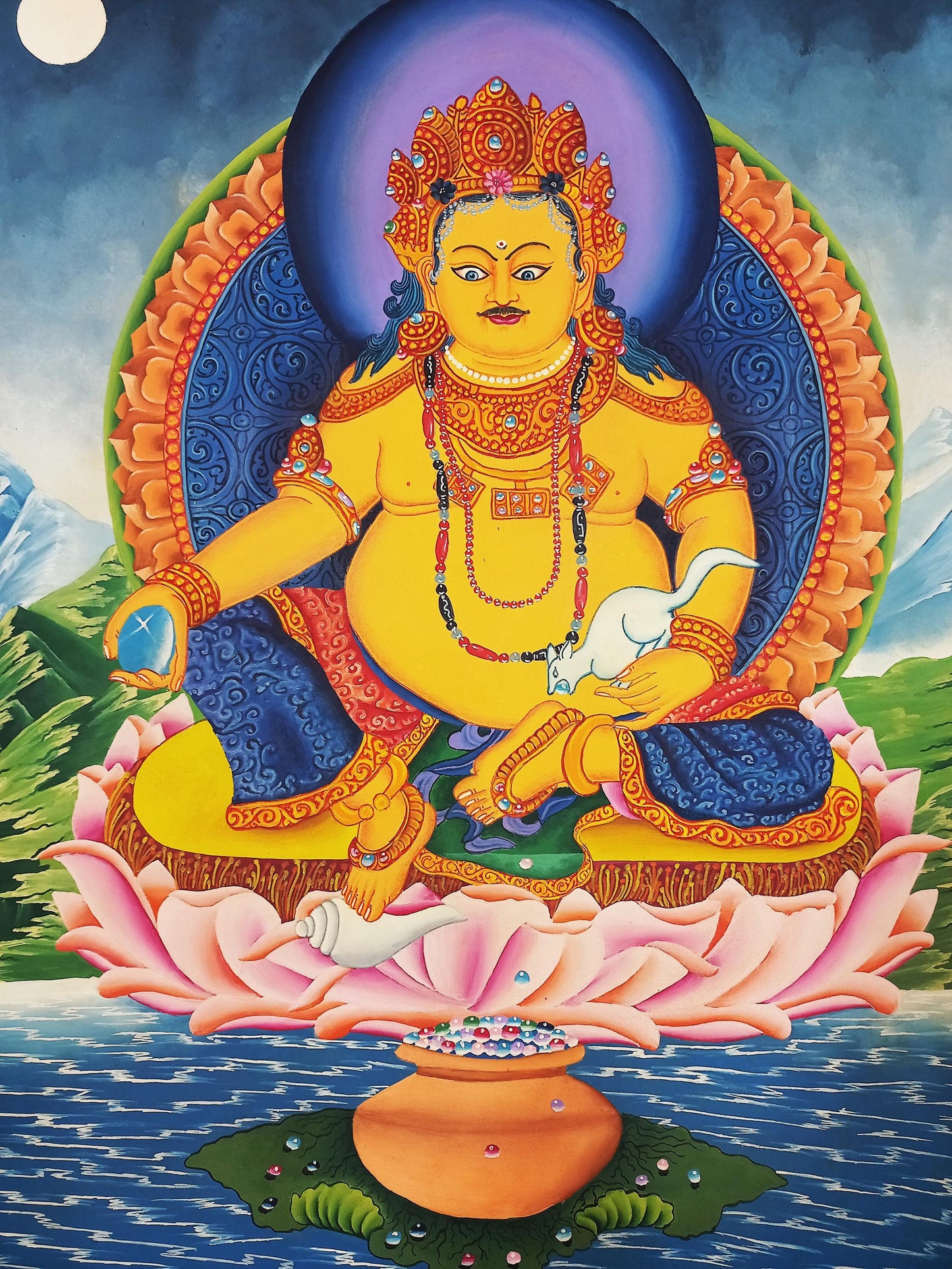 Hand-Painted Jambhala Thangka Painting: God of Wealth, Tibetan Art