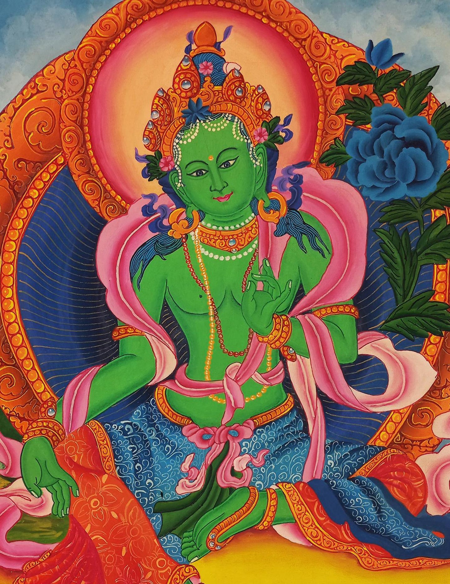 Green Tara Thangka Painting | Hand-Painted Newari Paubha Art