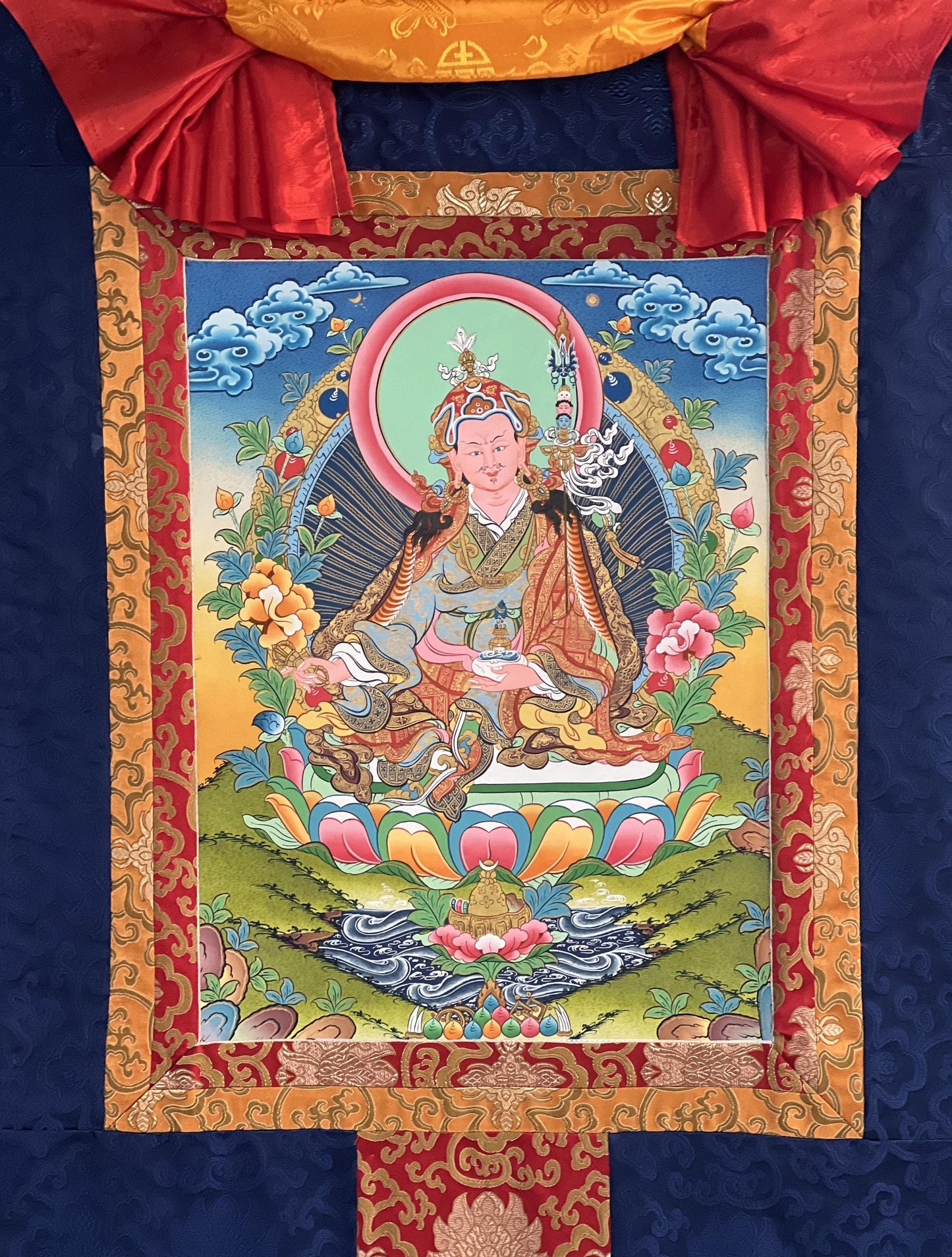 Guru Rinpoche Thangka Painting, Hand-Painted Gold Accents, Tibetan Silk Brocade