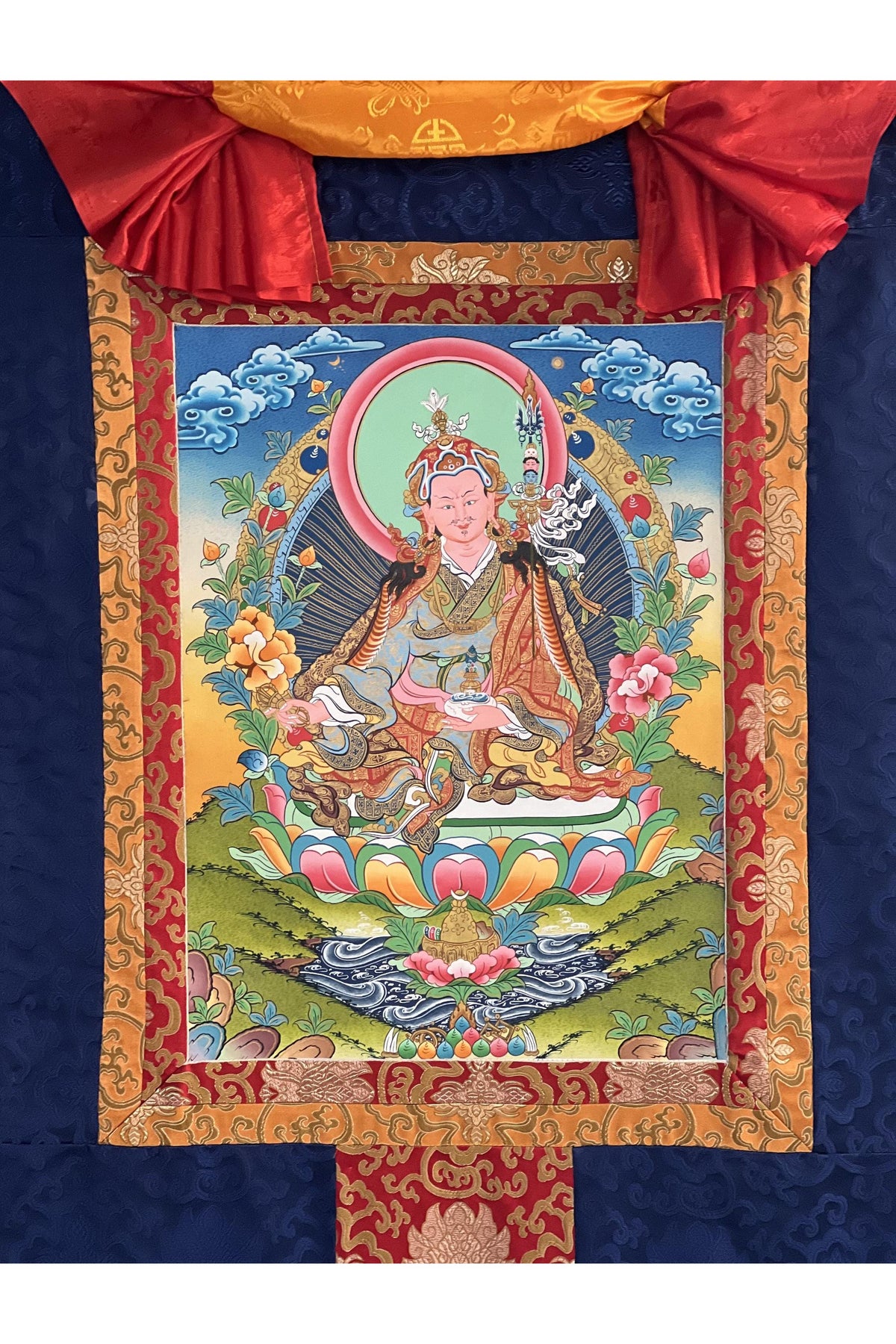 Guru Rinpoche Thangka Painting, Hand-Painted Gold Accents, Tibetan Silk Brocade