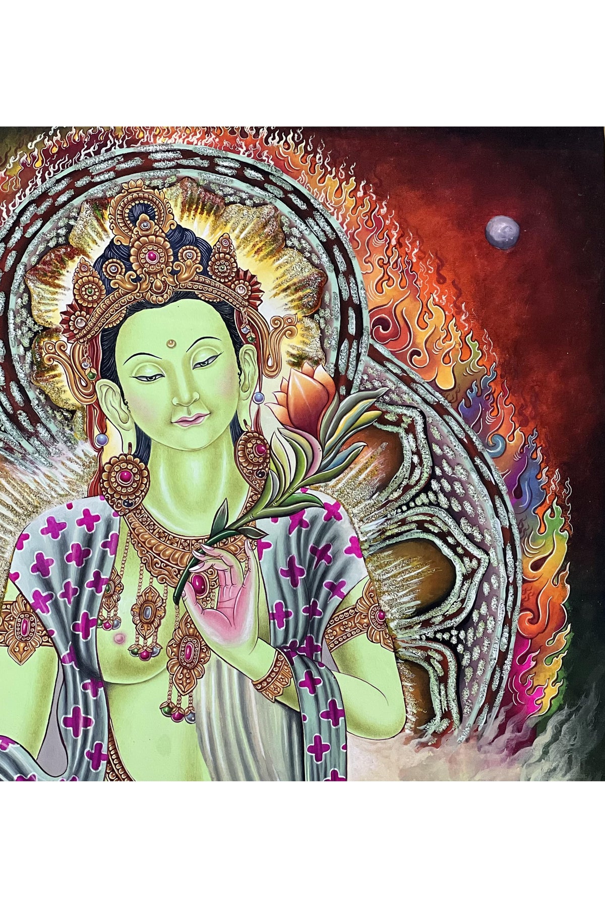 Green Tara Thangka Painting – Newari Paubha Art, Gold & Stone Powder