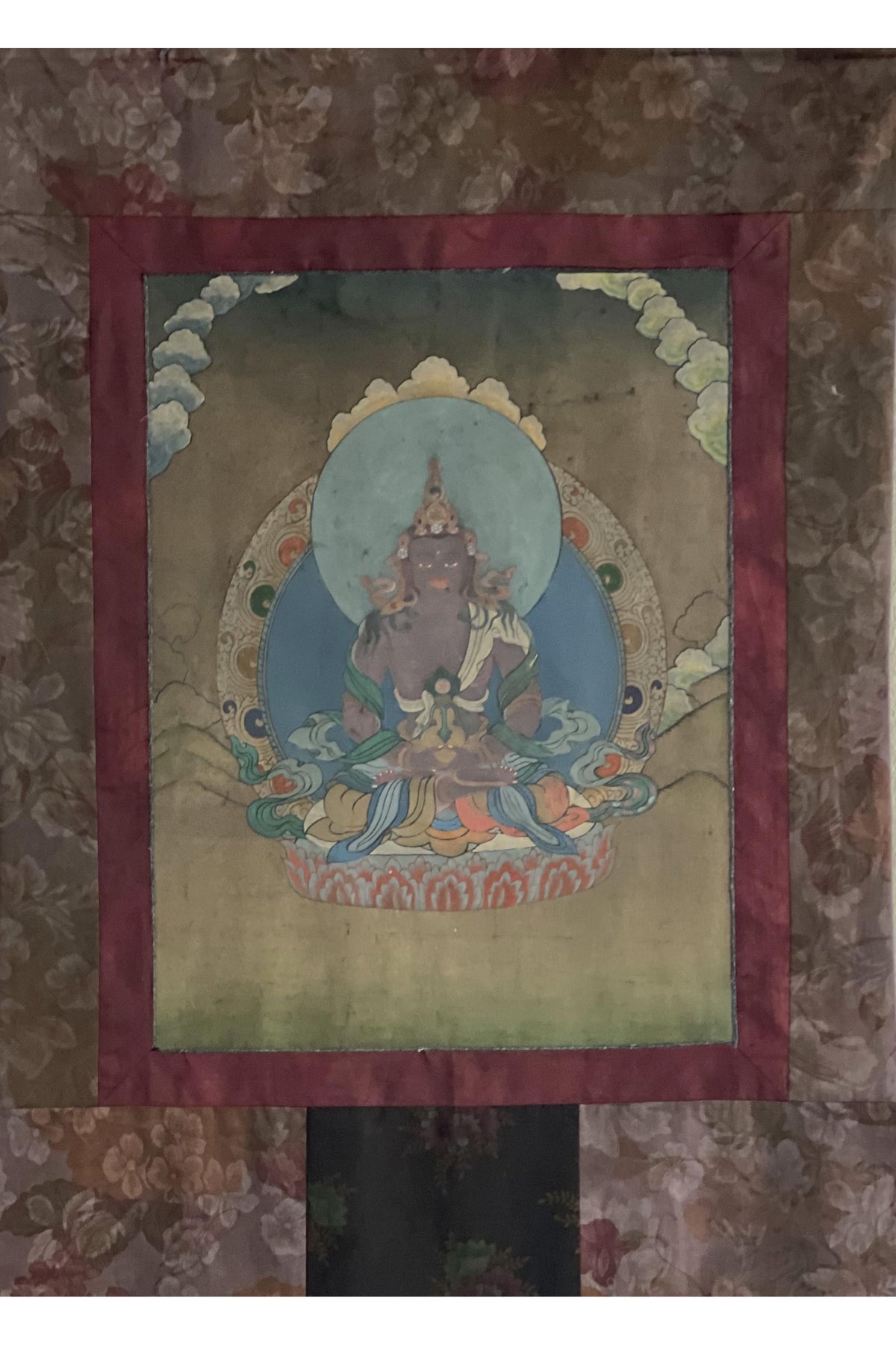 Old Amitayus Thangka | Hand-Painted Longevity Buddha Cotton Brocade Tibetan Art