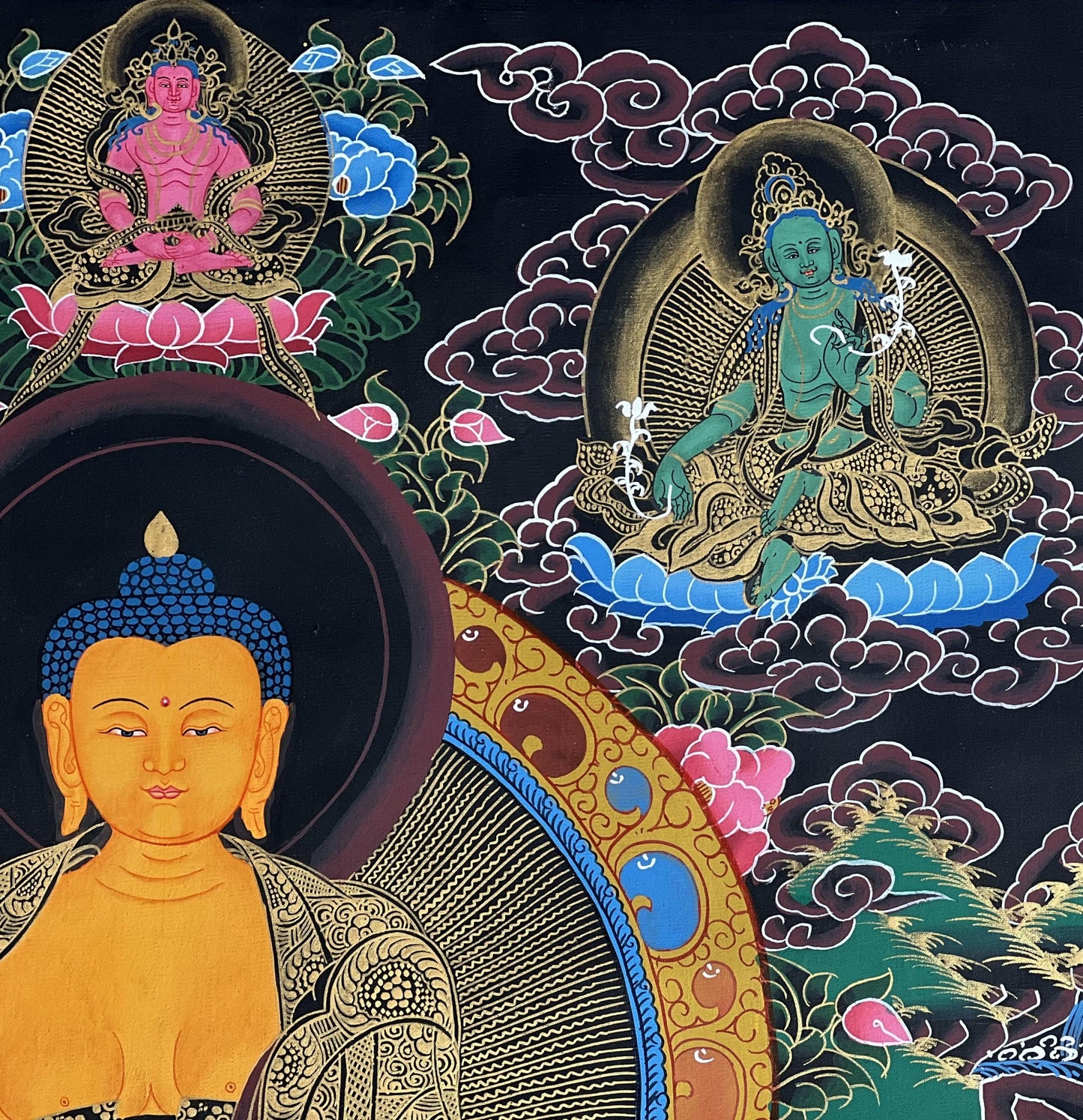 Hand-Painted Shakyamuni Buddha Thangka | Silk Brocade Framed Art