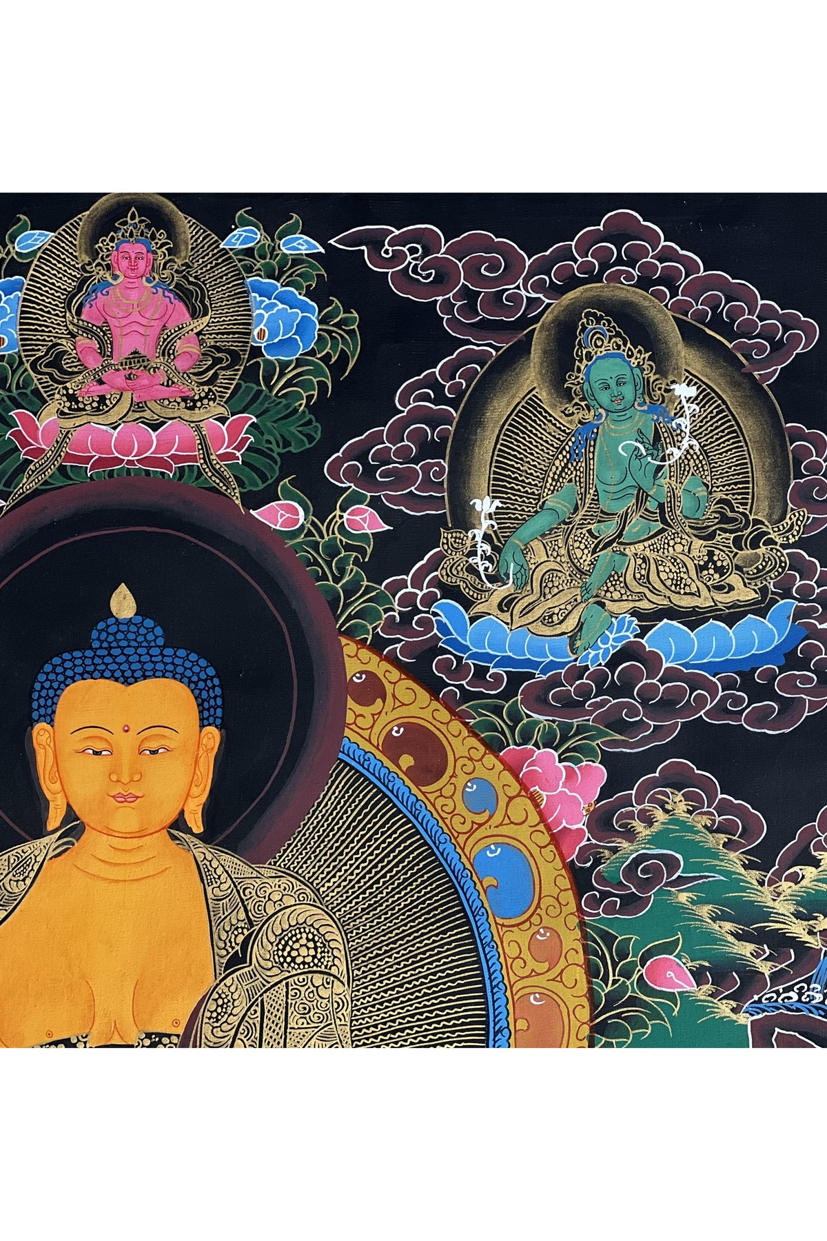 Hand-Painted Shakyamuni Buddha Thangka | Silk Brocade Framed Art