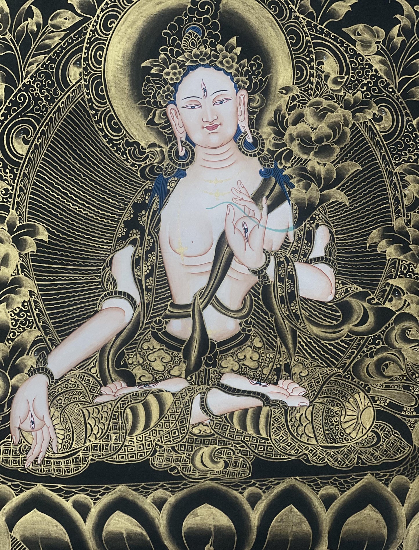 Hand-Painted White Tara Thangka: Mother Goddess, Silk Brocade