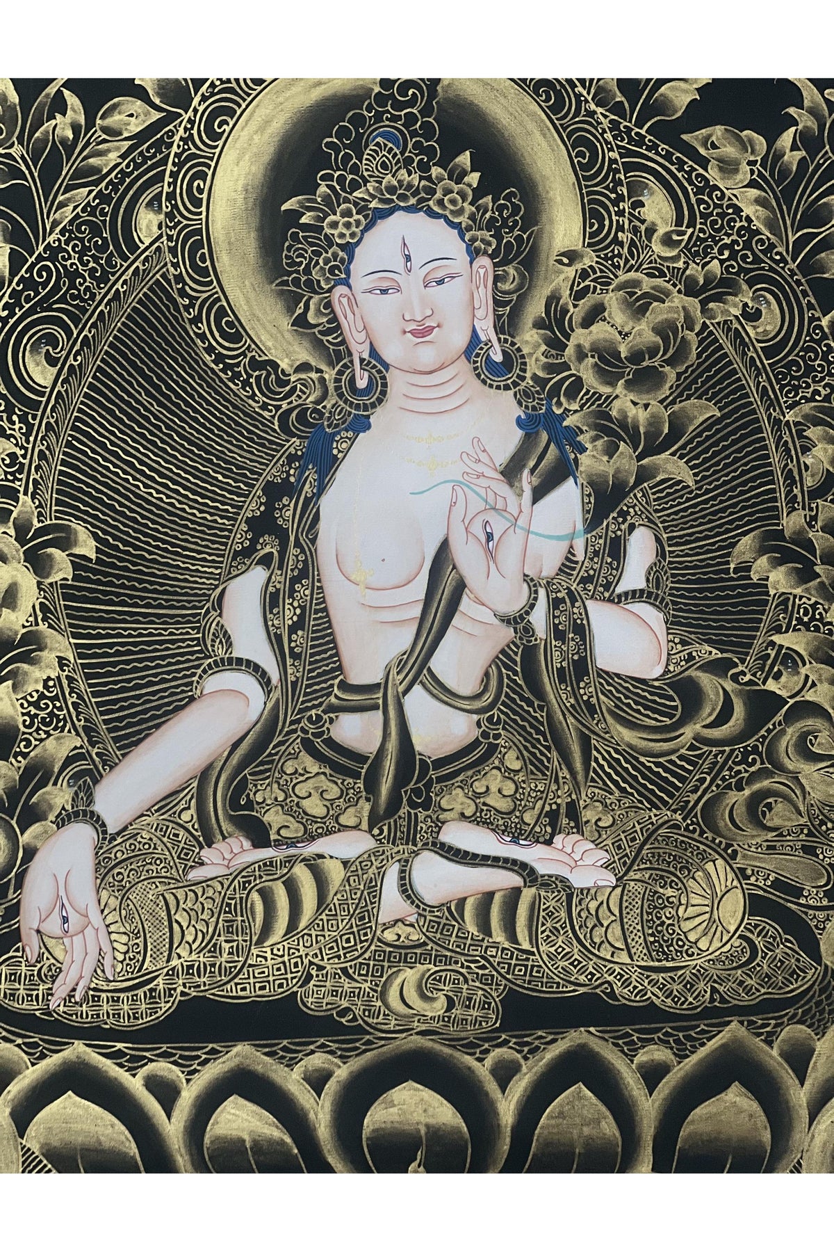 Hand-Painted White Tara Thangka: Mother Goddess, Silk Brocade