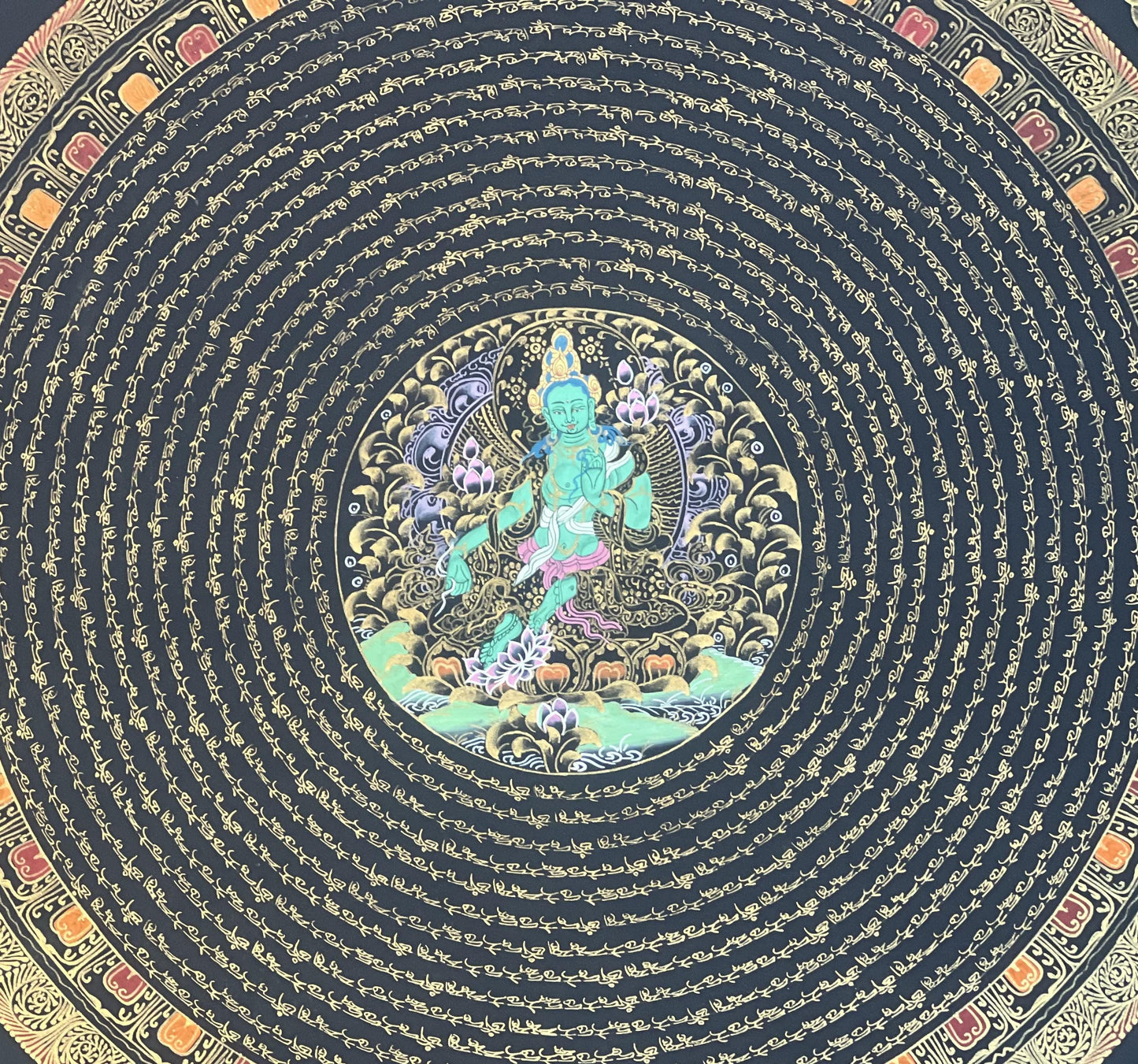 Hand-Painted Green Tara Mandala Thangka | Tibetan Meditation Art, Silk Brocade