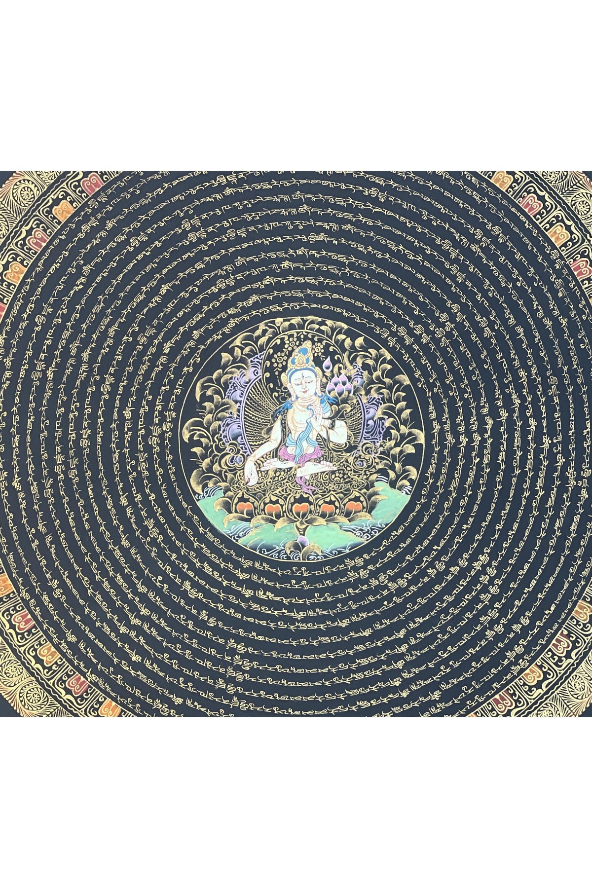 Hand Painted White Tara Mandala Thangka with Silk Brocade