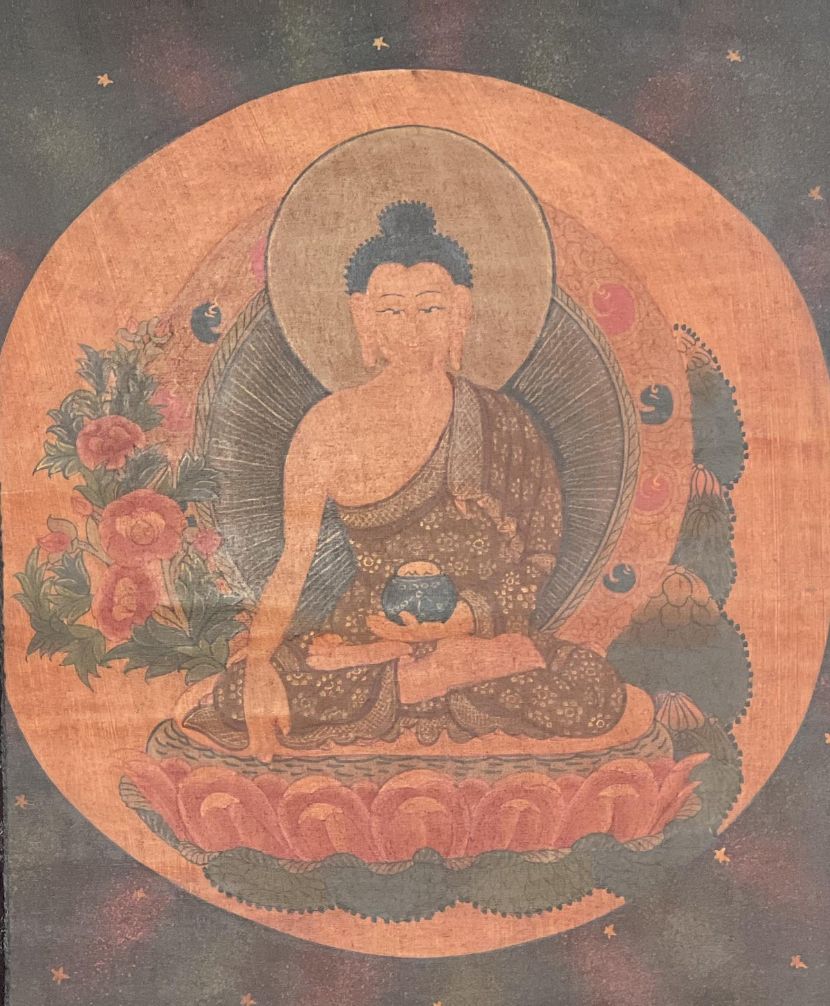 Old Tibetan Buddha Thangka Painting Varnished Buddhist Art, Cotton Brocade Frame