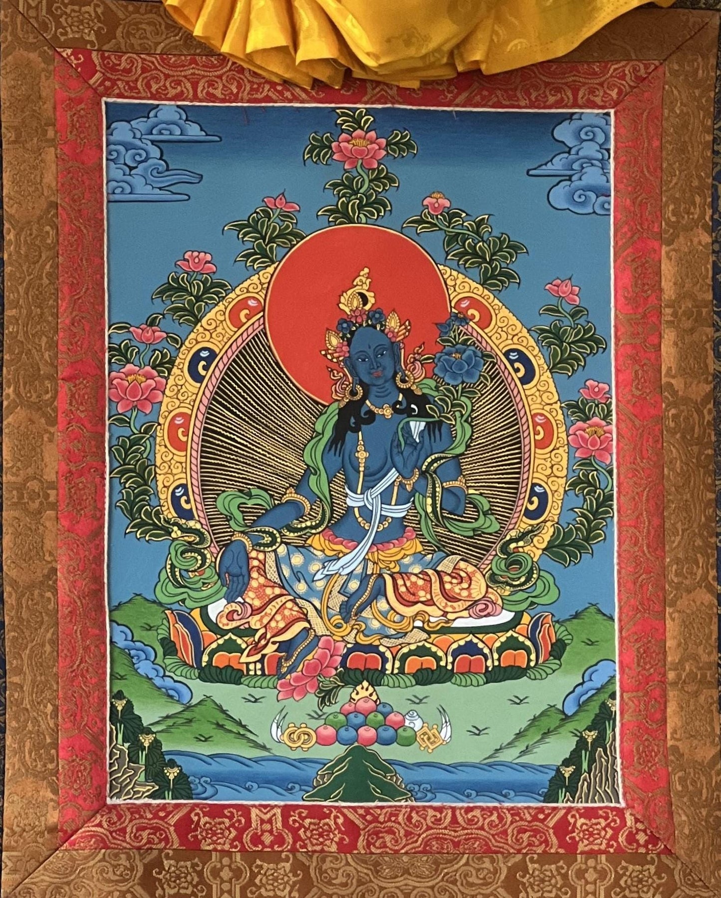 Hand-Painted Blue Tara Thangka Painting | Tibetan Buddhist Art with Silk Frame