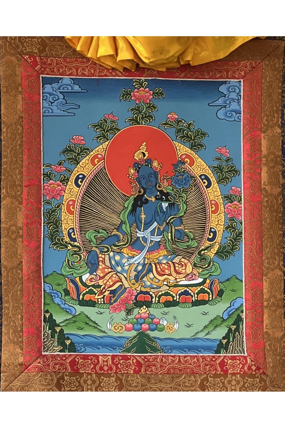 Hand-Painted Blue Tara Thangka Painting | Tibetan Buddhist Art with Silk Frame