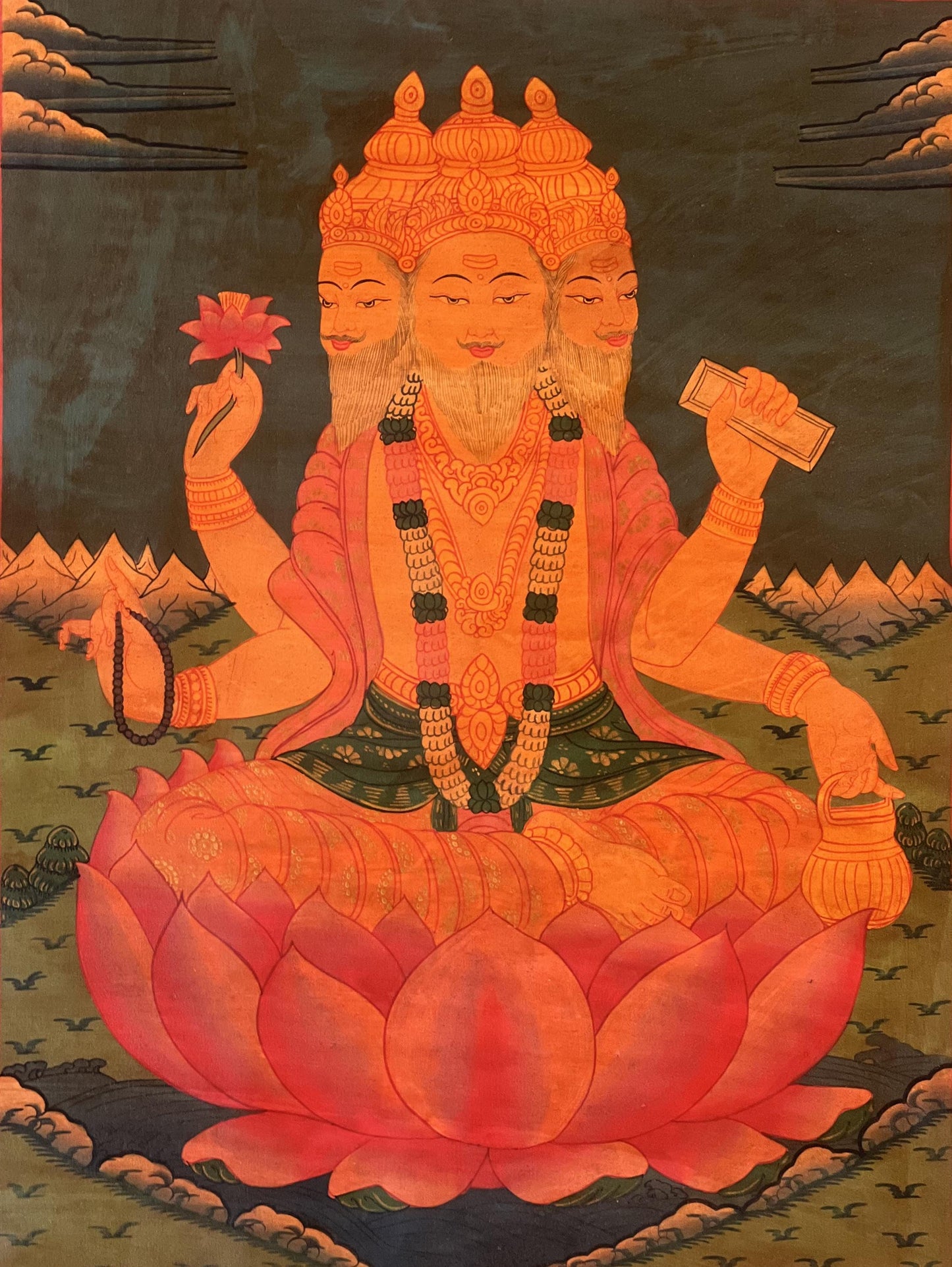 Hand-Painted Lord Brahma Thangka Painting with Silk Brocade, Oil Varnished