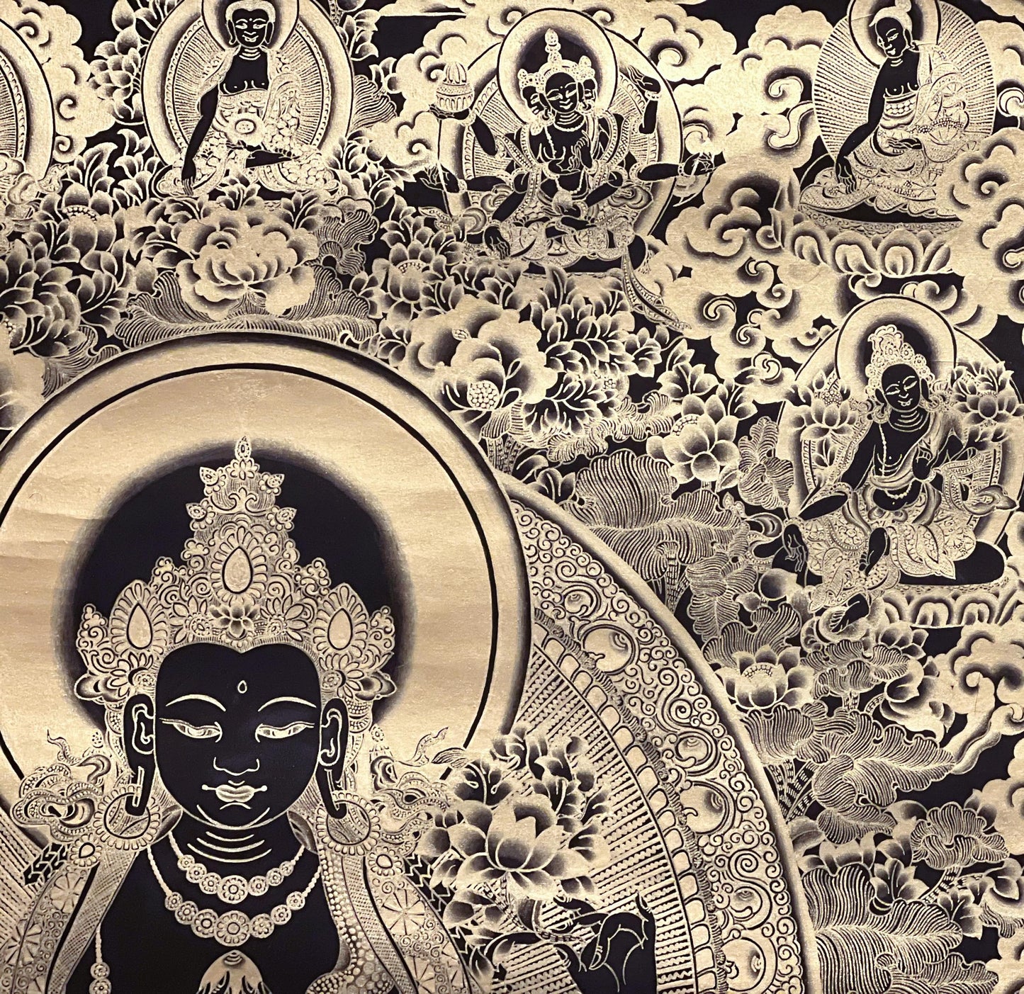 Avalokiteshvara Chenrezig Black and Gold Tibetan Thangka – Compassion Buddha Meditation Art