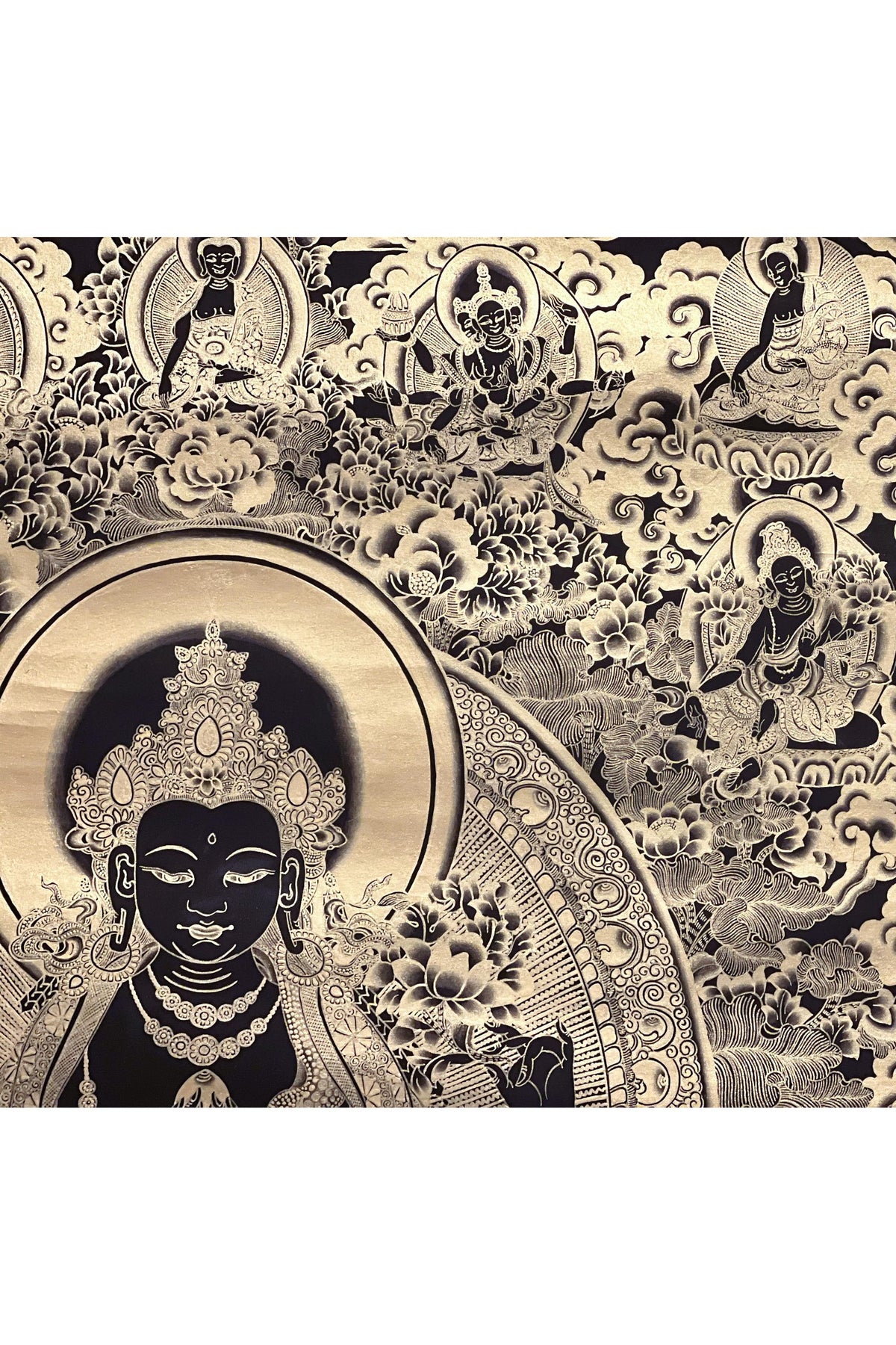 Avalokiteshvara Chenrezig Black and Gold Tibetan Thangka – Compassion Buddha Meditation Art