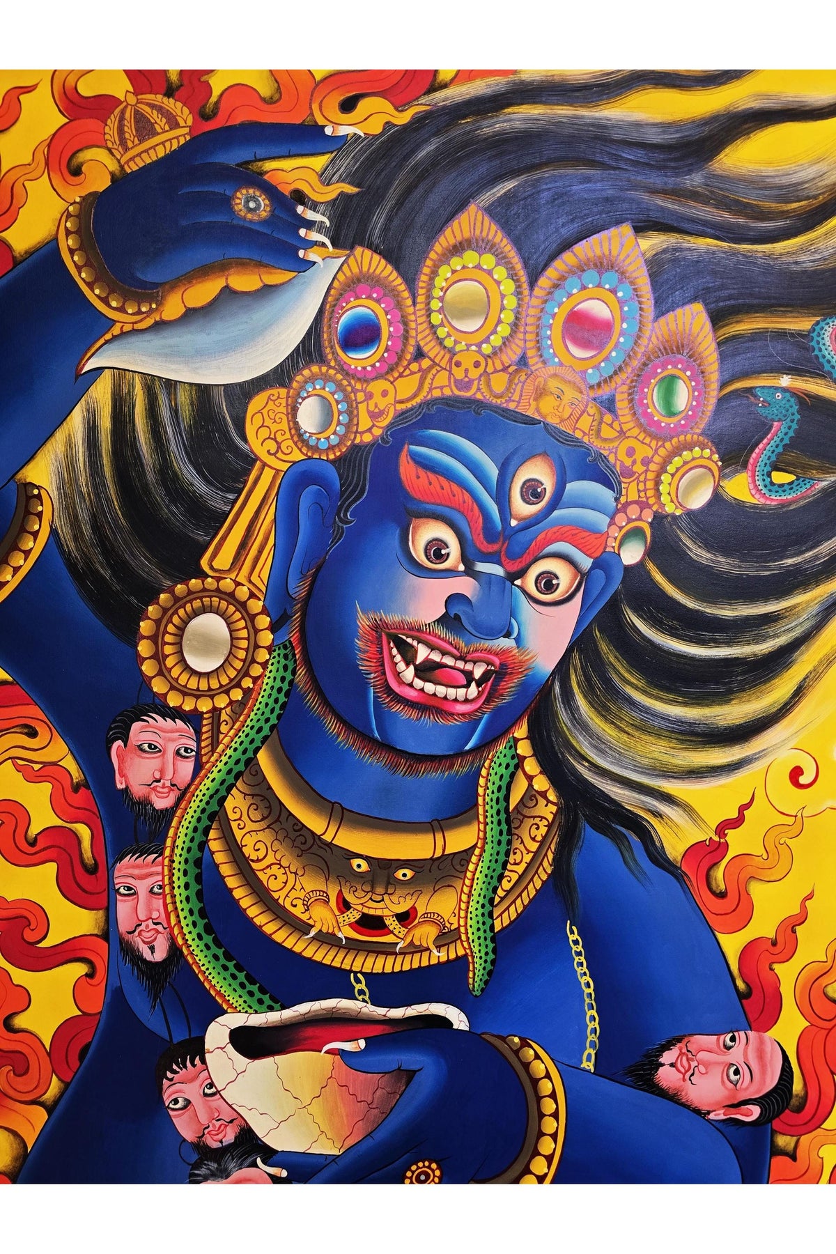 Hand Painted Mahakala Thangka, Newari Style Tibetan Art (32x44 In)
