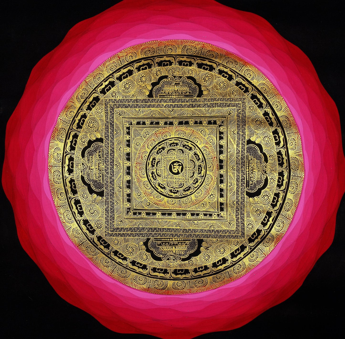 Hand-Painted Om Mandala Tibetan Thangka | Sacred Meditation & Spiritual Wall Art with Silk Brocade