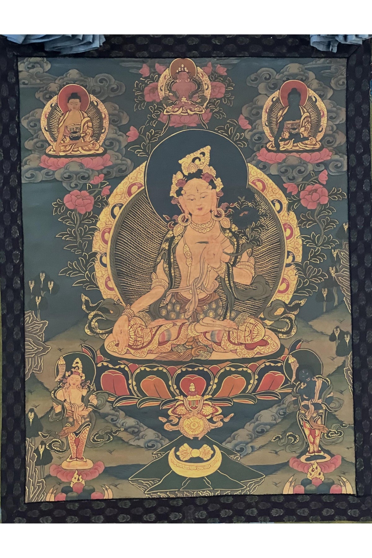 Hand-Painted White Tara Thangka, Old Oil-Varnished Tibetan Art