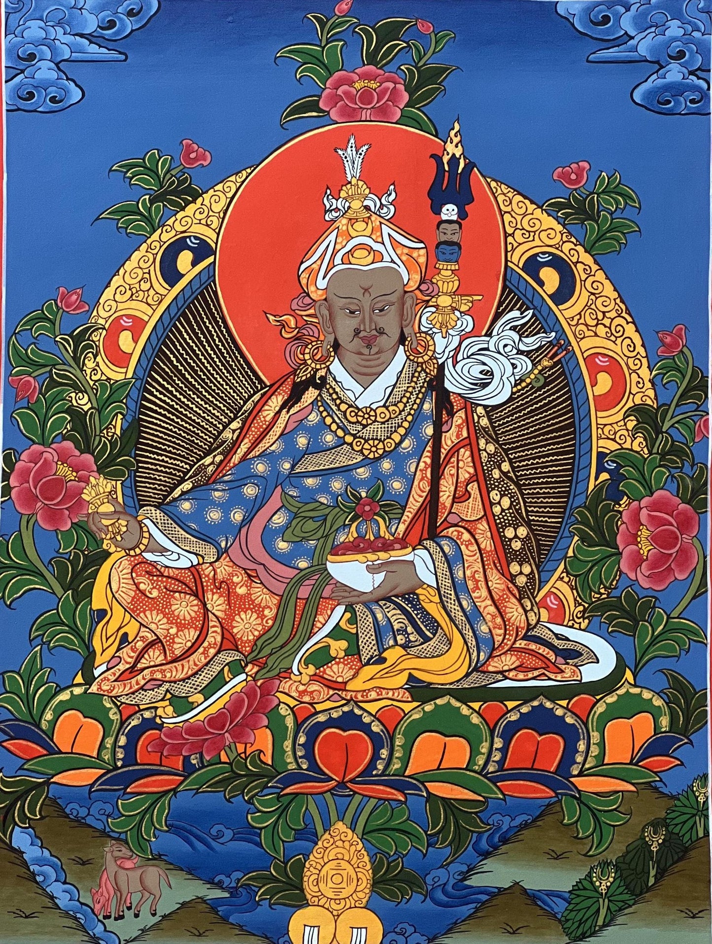 Original Hand-painted Padmasambhava/ Guru Rinpoche/ Masterpiece Tibetan Thangka Painting/ Buddhist Art with Silk Brocade