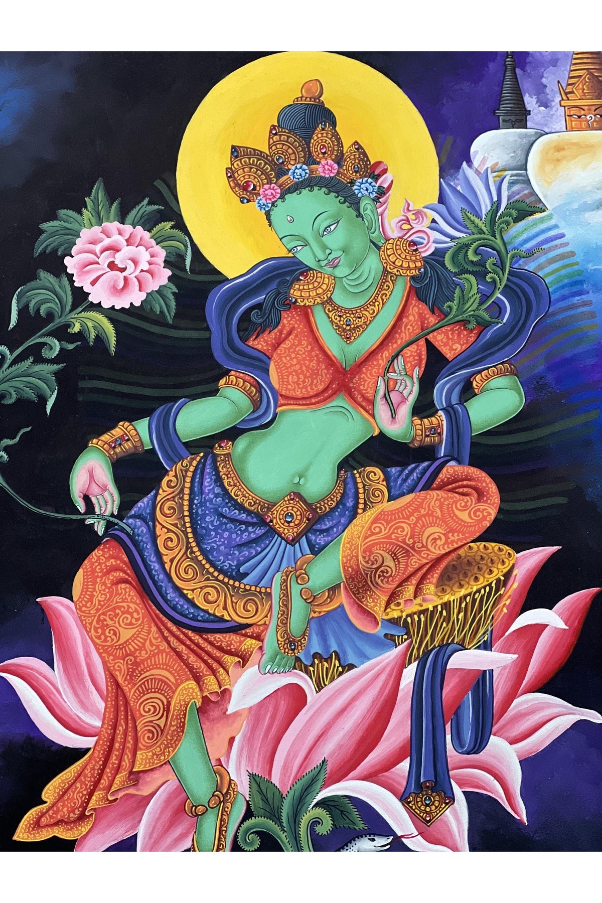Green Tara Thangka Painting, Newari Pauva Art, Handmade Cotton Canvas