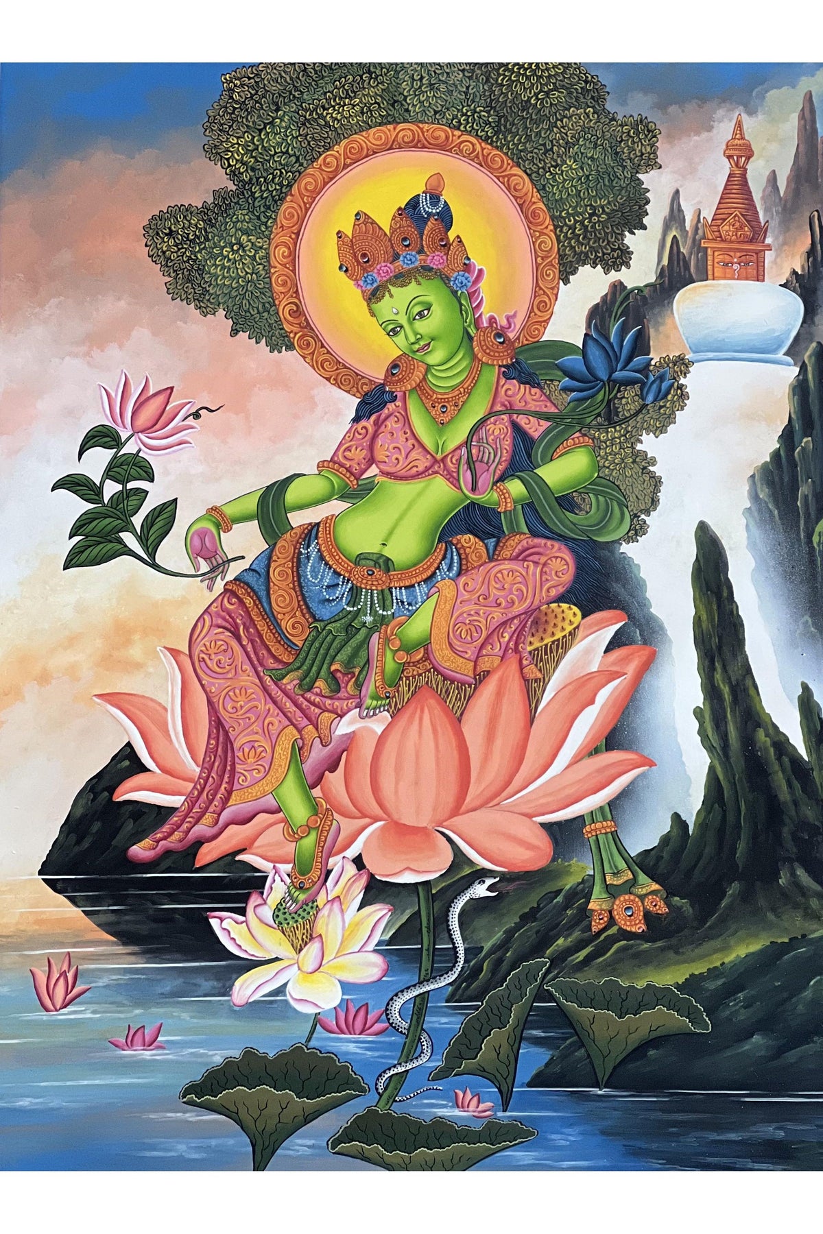 Green Tara Newari Paubha Painting – Hand-Painted Himalayan Art | Original Buddhist Thangka