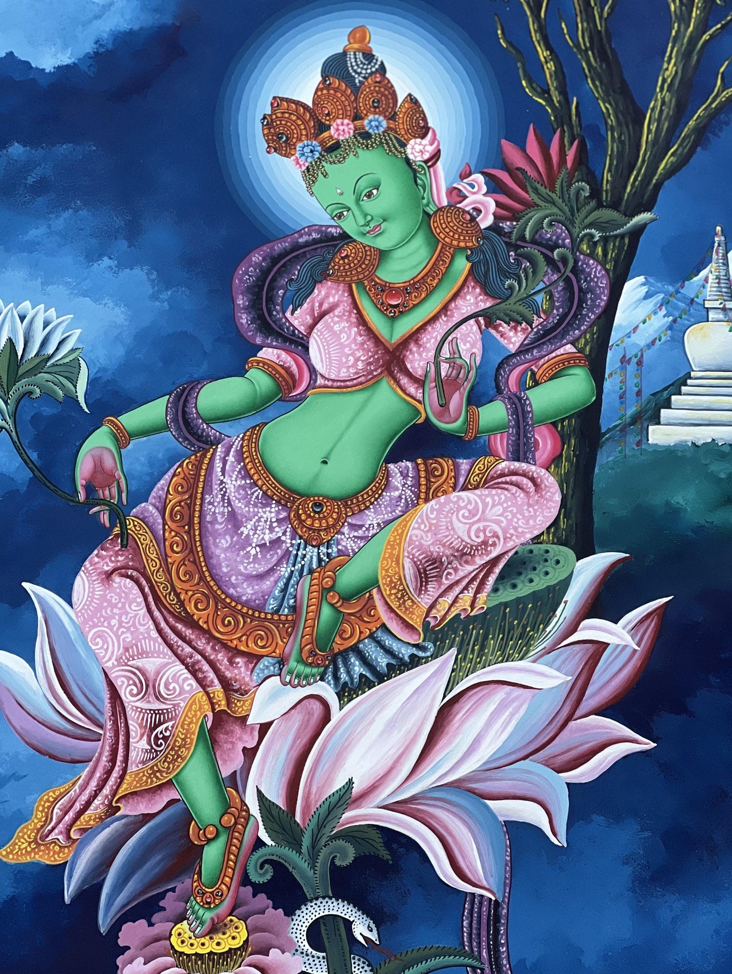 Green Tara Thangka Painting: Newari Paubha, Handmade Cotton Canvas