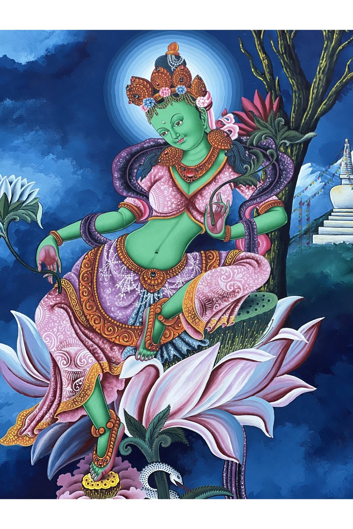 Green Tara Thangka Painting: Newari Paubha, Handmade Cotton Canvas