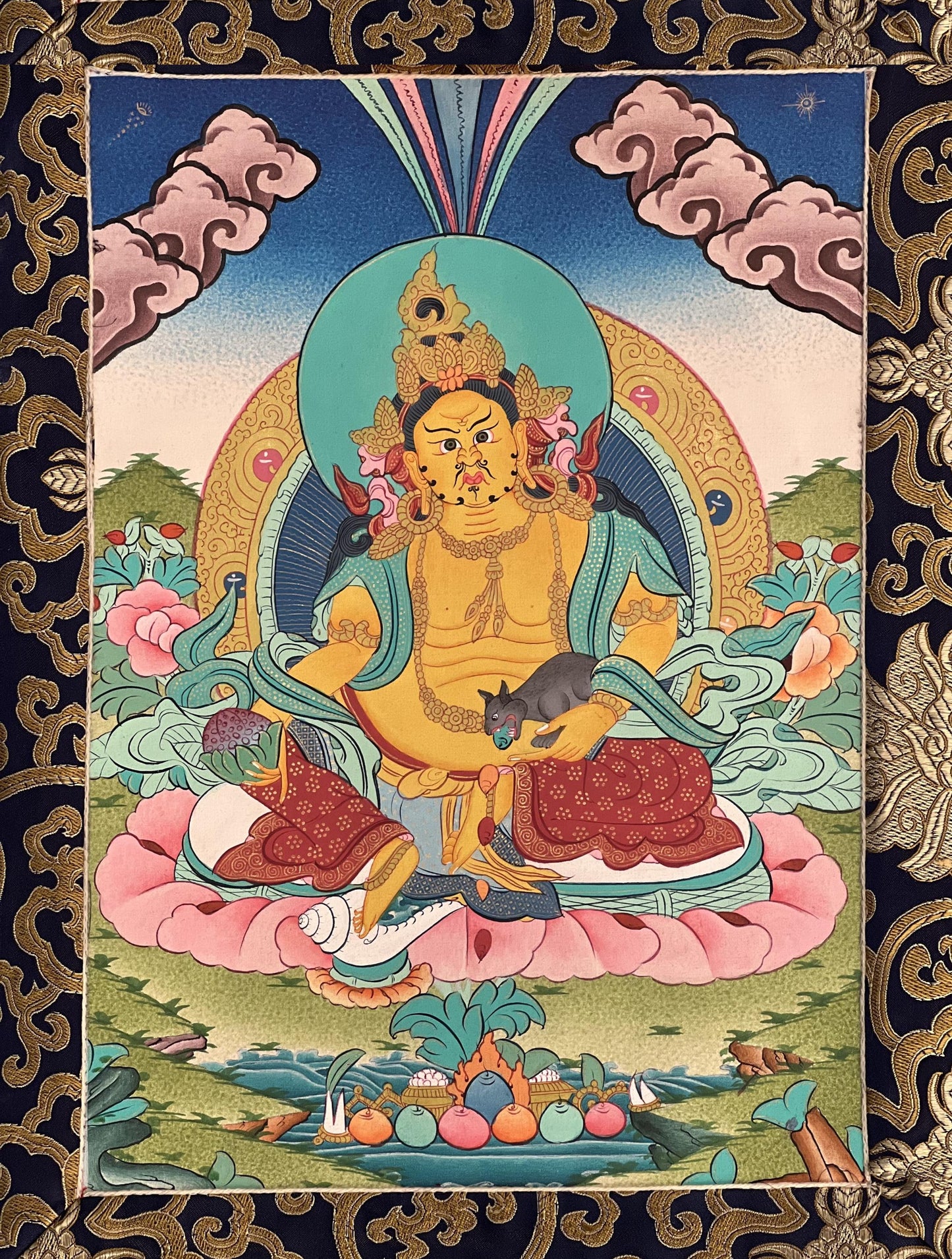 Hand-Painted Yellow Dzambhala Thangka with Silk Brocade