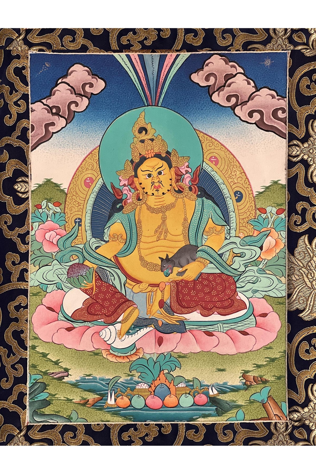 Hand-Painted Yellow Dzambhala Thangka with Silk Brocade