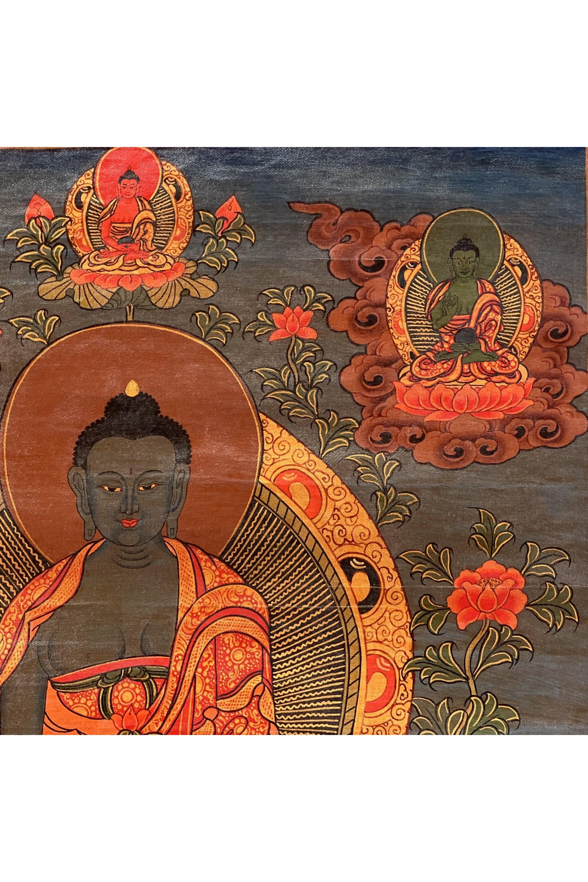 Medicine Buddha Thangka Painting with Silk Brocade- Hand-Painted Bhaisajyaguru Tibetan Healing Art, Oil Varnished