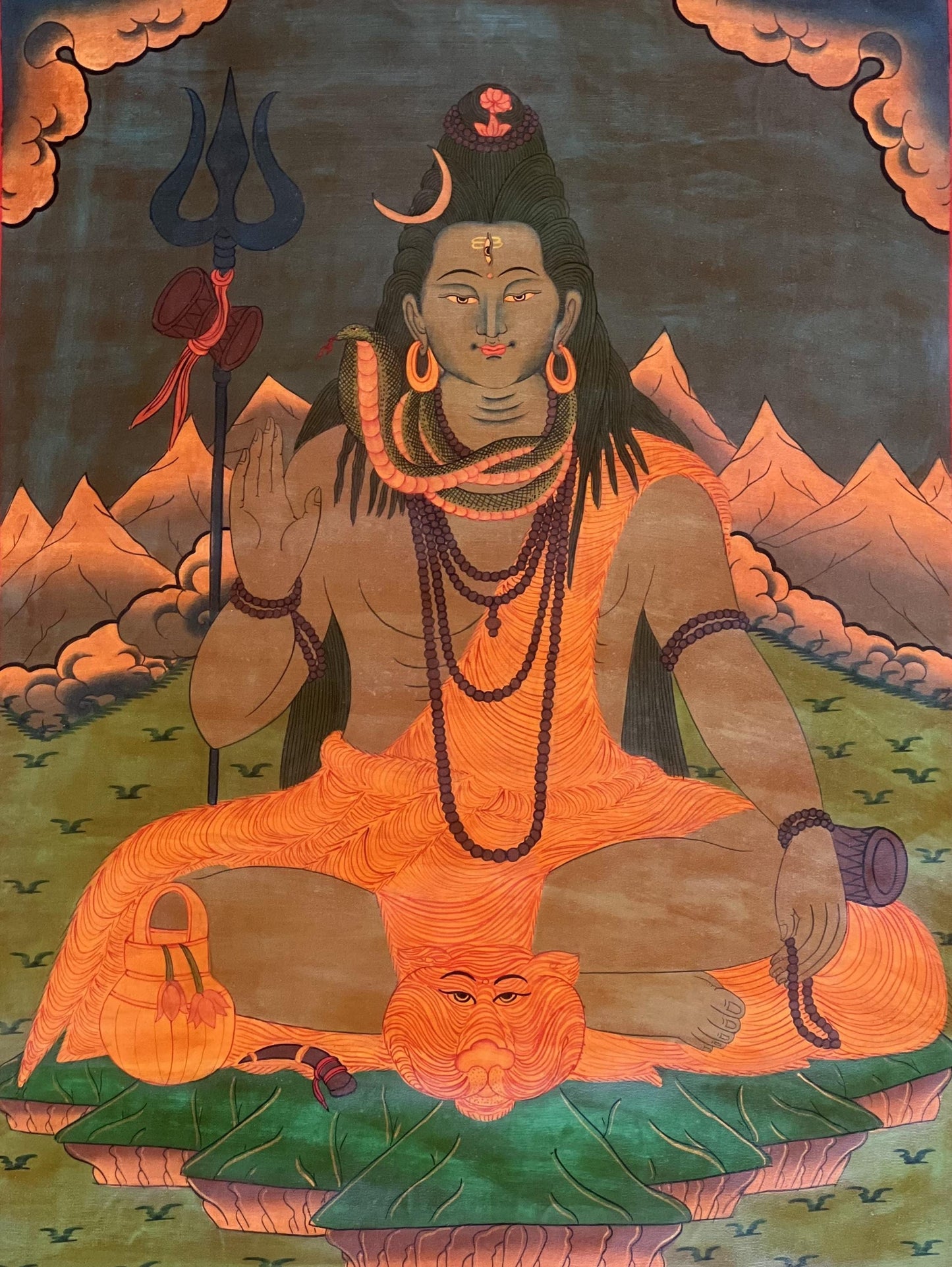 Hand-Painted Shiva Thangka Painting with Silk Brocade, Oil Varnished