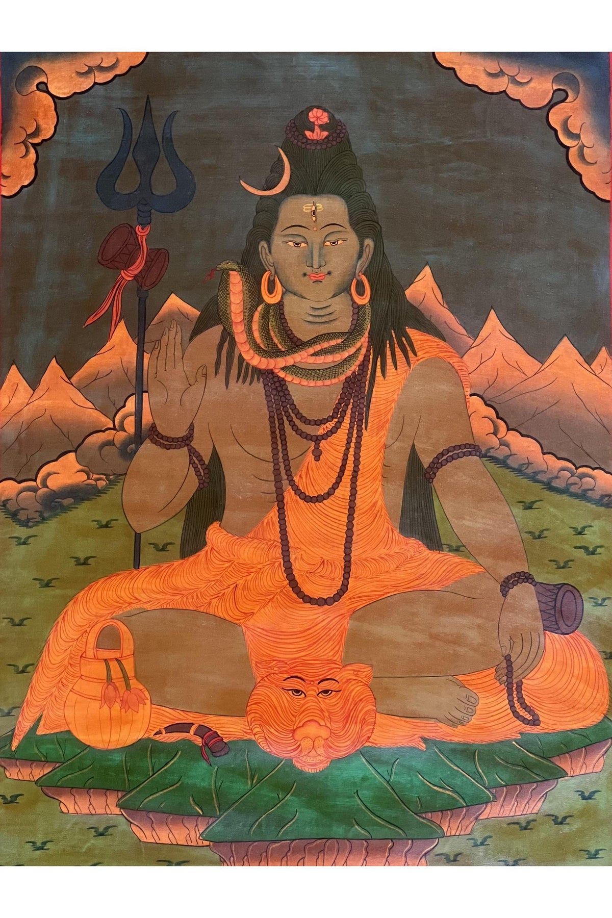Hand-Painted Shiva Thangka Painting with Silk Brocade, Oil Varnished