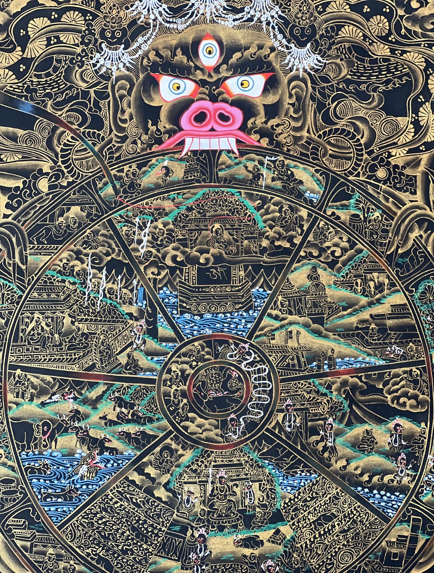 Hand-Painted Wheel of Life Thangka, Black and Gold Mandala Art (18x24-Inch)