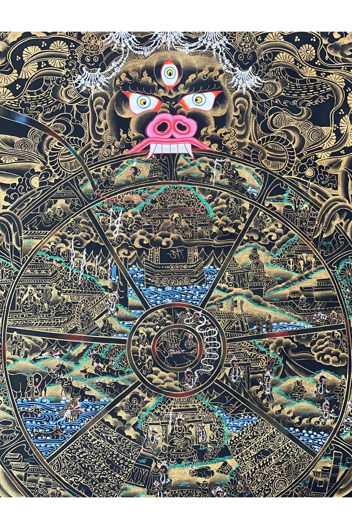 Hand-Painted Wheel of Life Thangka, Black and Gold Mandala Art (18x24-Inch)