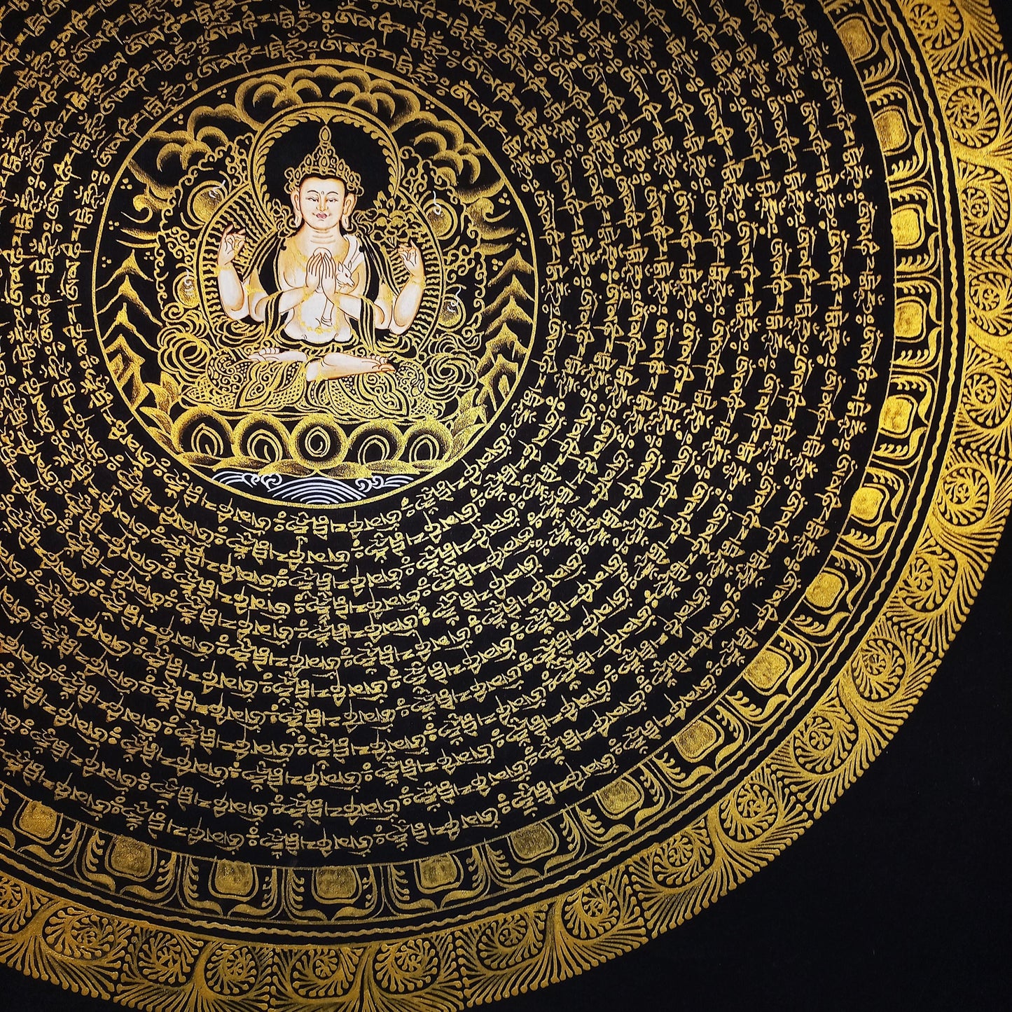 Hand-Painted Chenrezig Mandala, Black & Gold Tibetan Thangka, 20x20 Inch