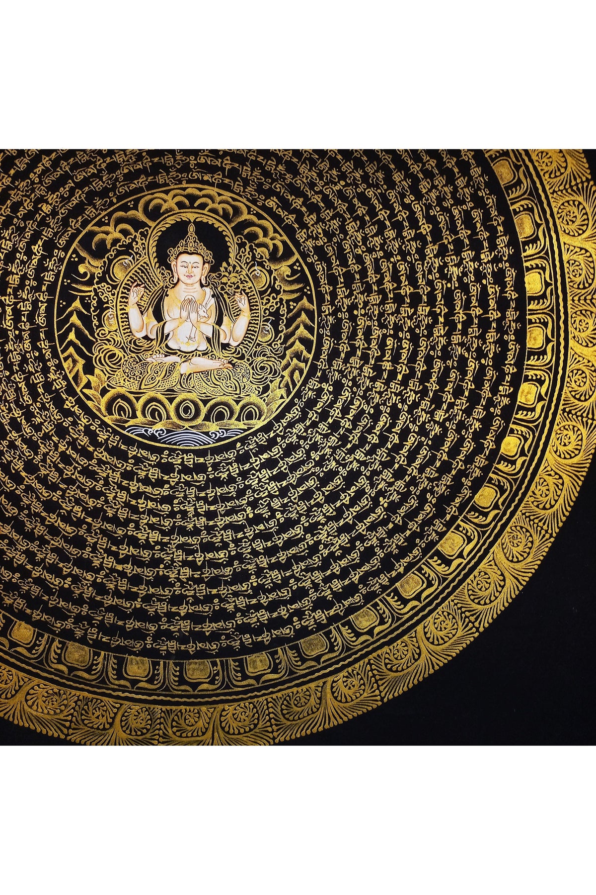 Hand-Painted Chenrezig Mandala, Black & Gold Tibetan Thangka, 20x20 Inch