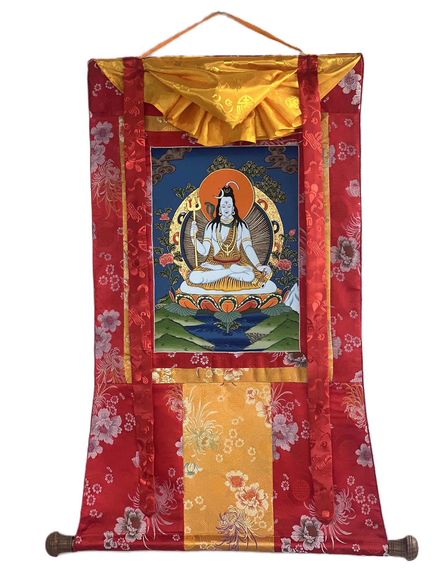 Hand-Painted Lord Shiva Thangka Hindu Sacred Wall Art with Silk Brocade Option