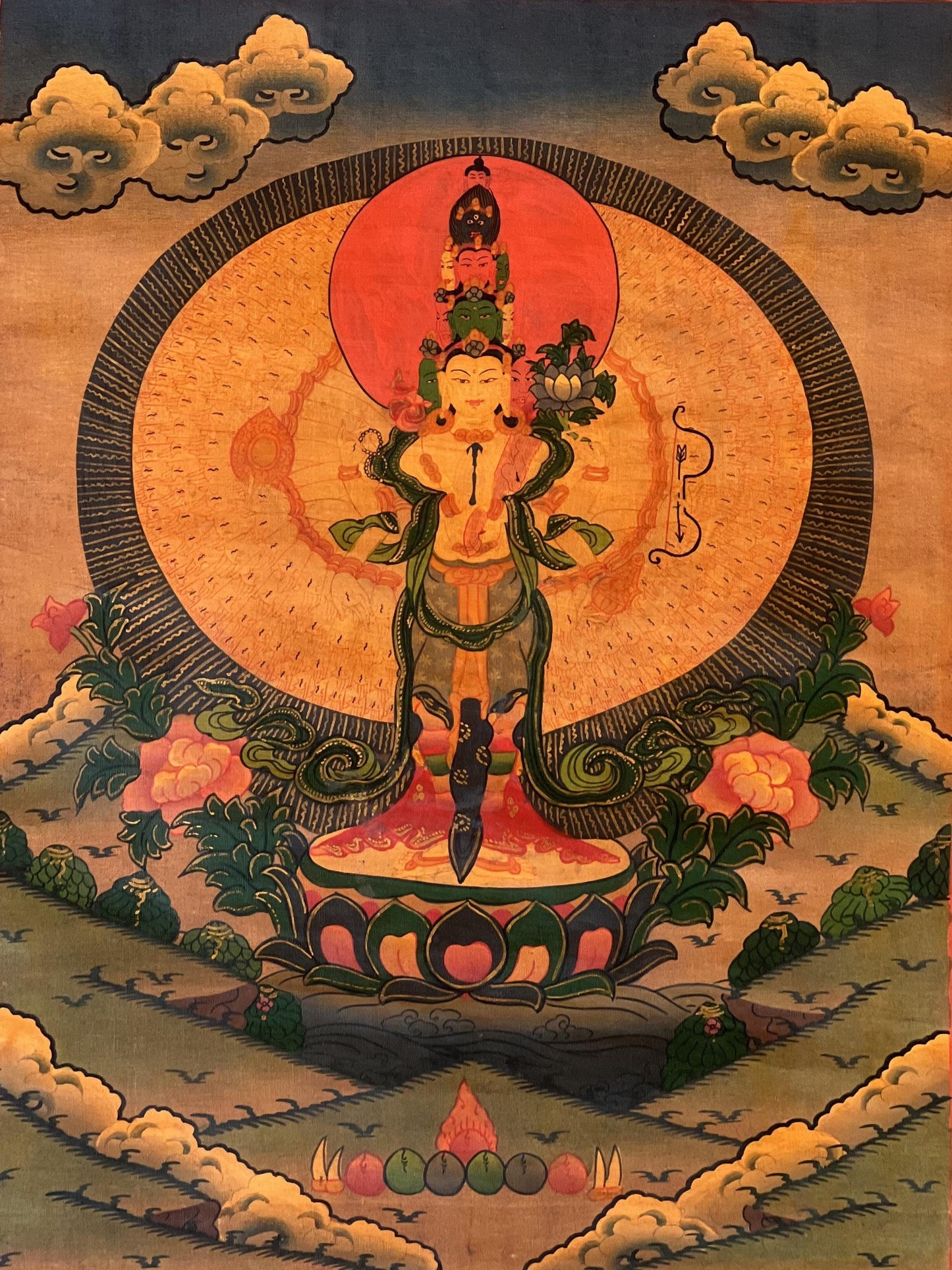 Avalokiteshvara Thangka Painting, Oil-Varnished, Silk Brocade, Tibetan Art