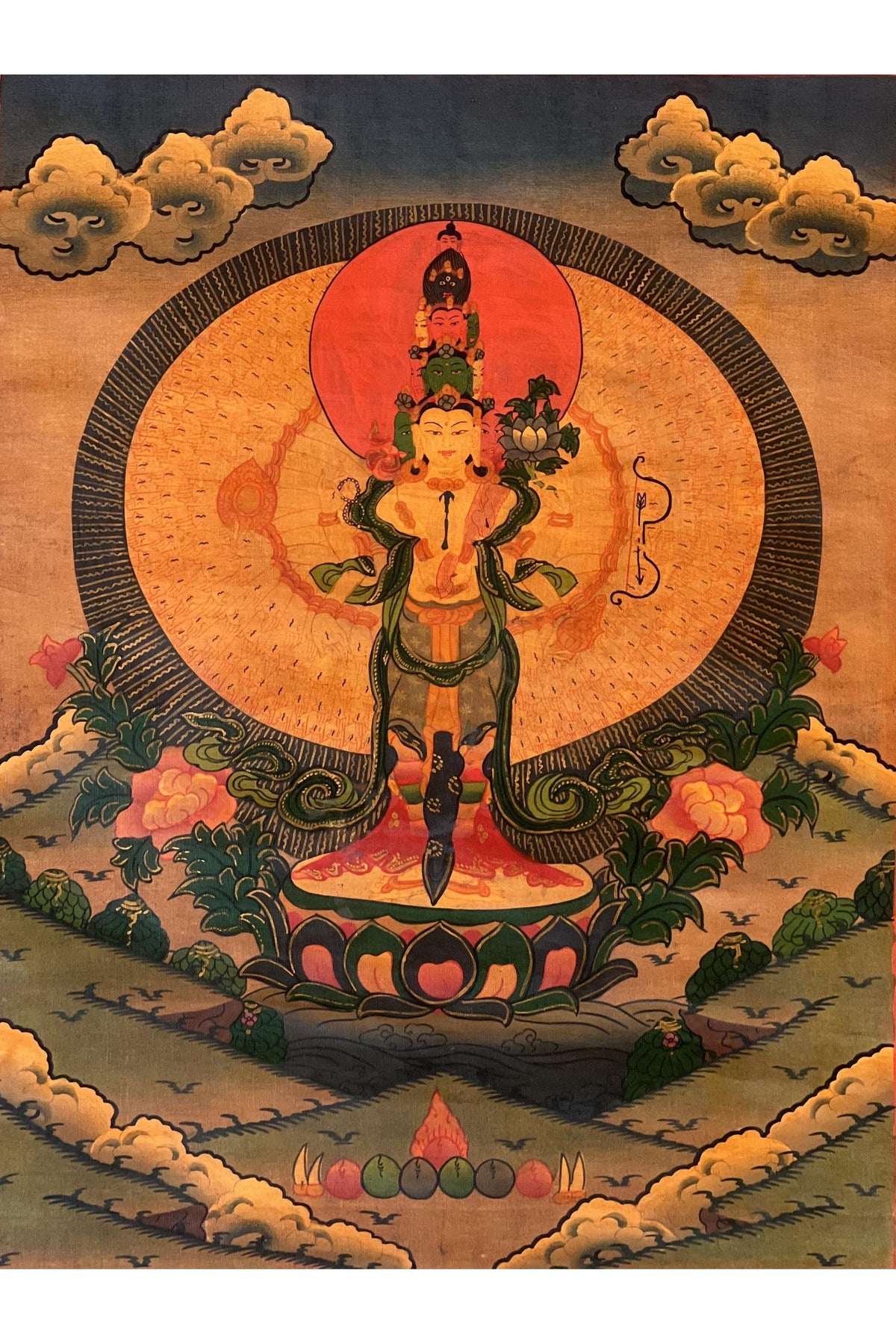 Avalokiteshvara Thangka Painting, Oil-Varnished, Silk Brocade, Tibetan Art