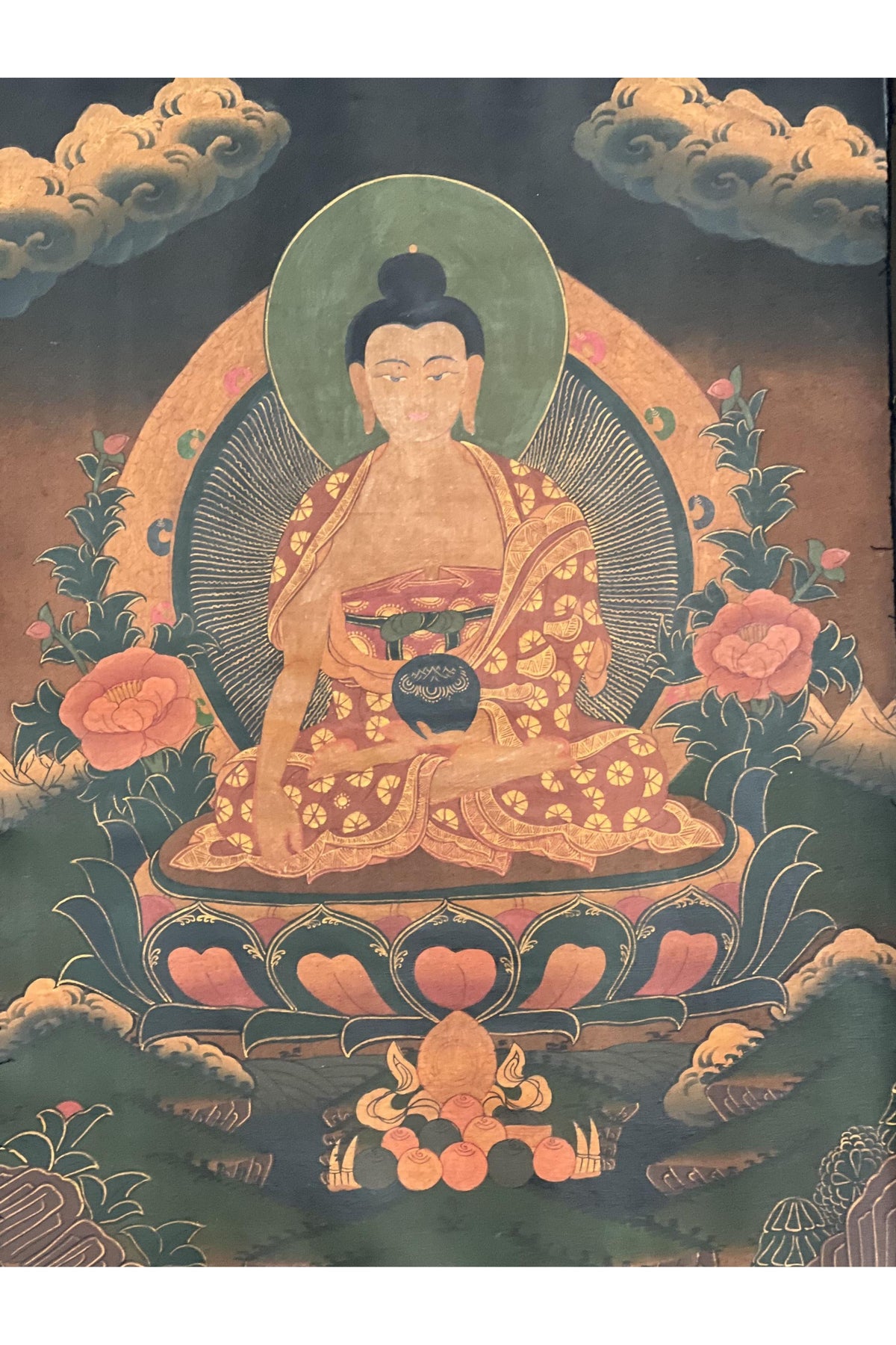 Hand-painted Shakyamuni Buddha Tibetan Thangka with Brocade